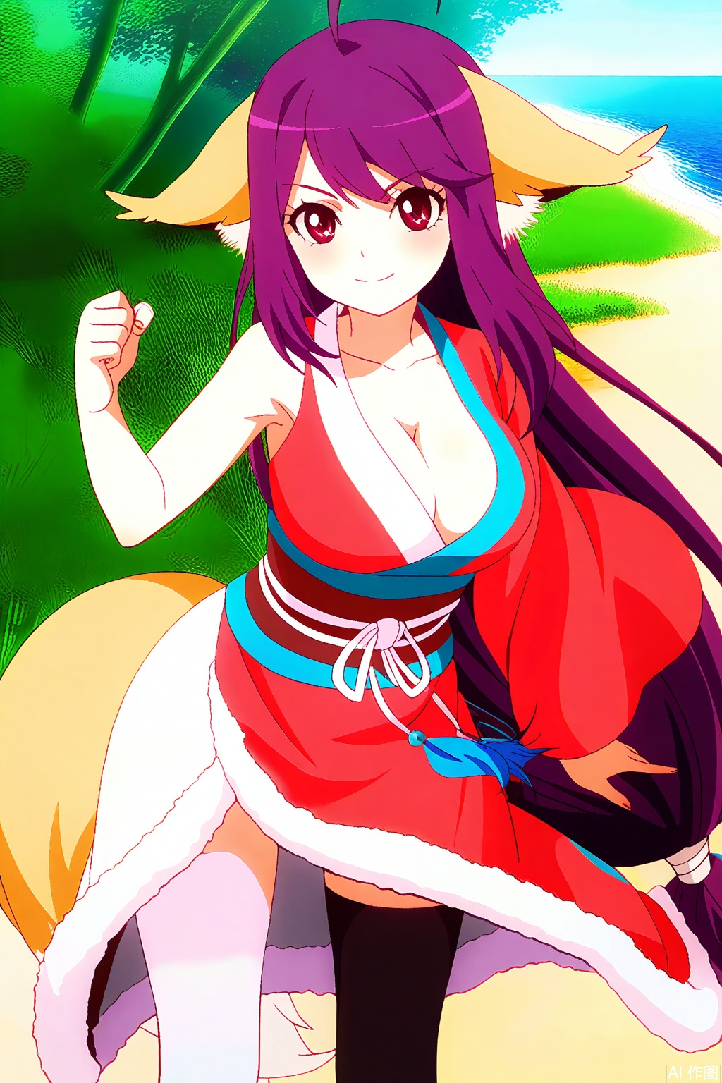 1girl, solo, long hair, breasts, looking at viewer, large breasts, red eyes, thighhighs, animal ears, cleavage, very long hair, purple hair, ahoge, japanese clothes, kimono, sash, antenna hair, single sleeve,masterpiece,best quality,official art,extremely detailed CG unity 8k wallpaper,,Thigh exposed,thighhighs,looking at viewer,on the beach,