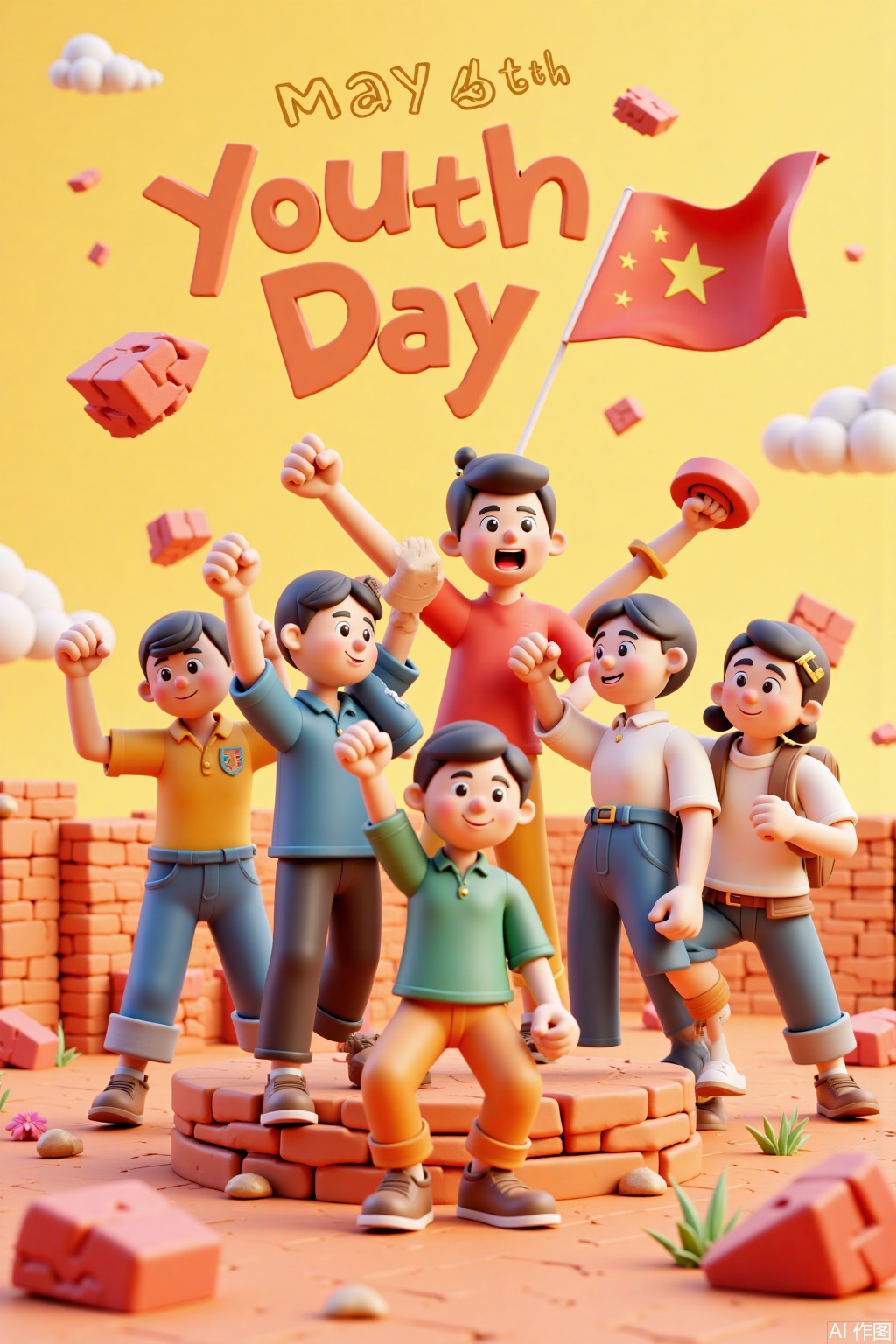 3D clay style, May 4th Youth Day, the main body of the poster is a group of vigorous young people, either clenching their fists forward, smiling and waving their hands, with a flying flag and the words "May 4th Youth Day" in the background. The pictures are bright and lively and full of youthful vitality.
