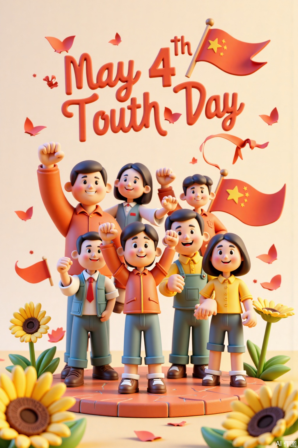 3D clay style, May 4th Youth Day, the main body of the poster is a group of vigorous young people, either clenching their fists forward, smiling and waving their hands, with a flying flag and the words "May 4th Youth Day" in the background. The pictures are bright and lively and full of youthful vitality.