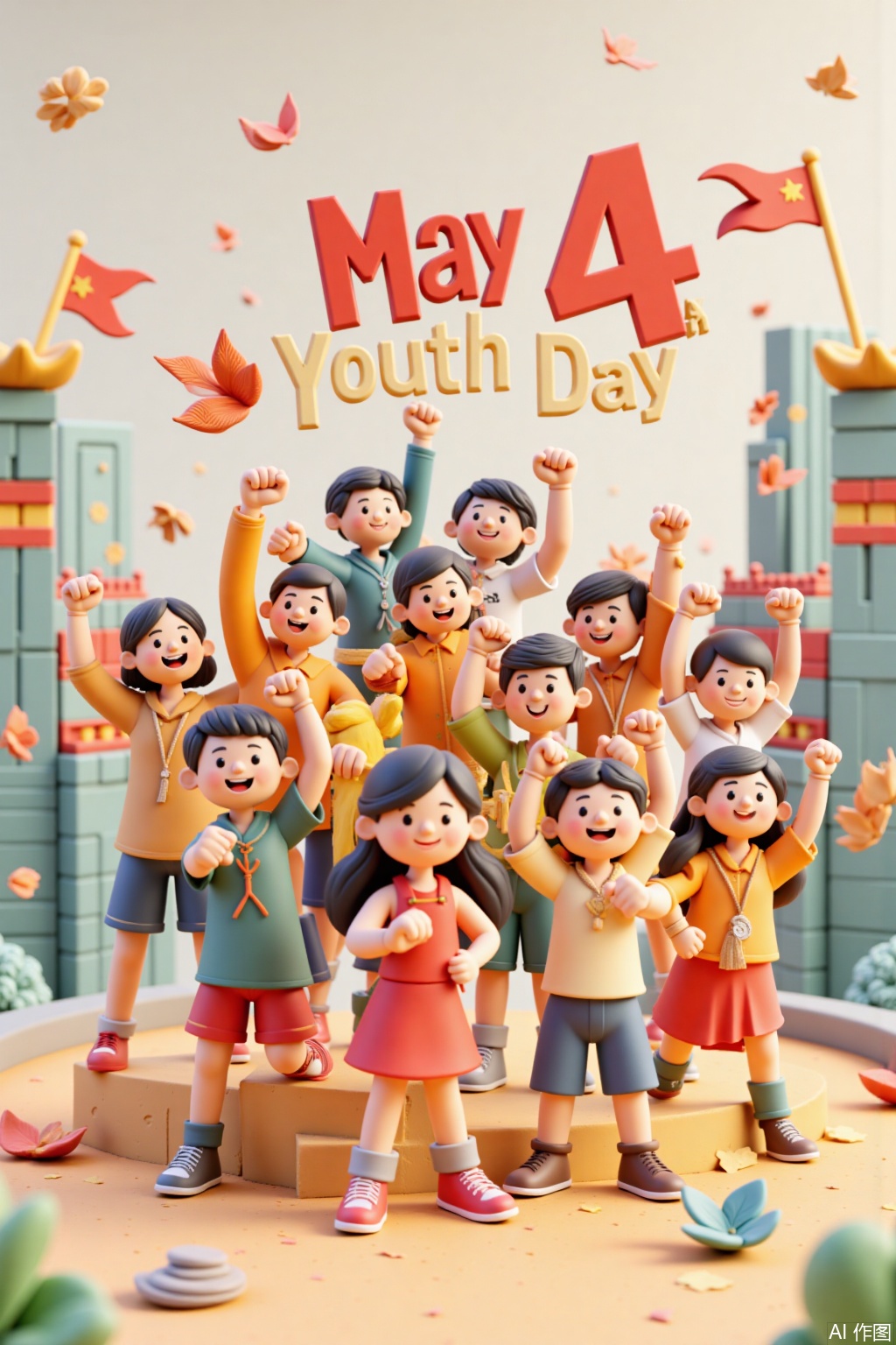 3D clay style, May 4th Youth Day, the main body of the poster is a group of vigorous young people, either clenching their fists forward, smiling and waving their hands, with a flying flag and the words "May 4th Youth Day" in the background. The pictures are bright and lively and full of youthful vitality.