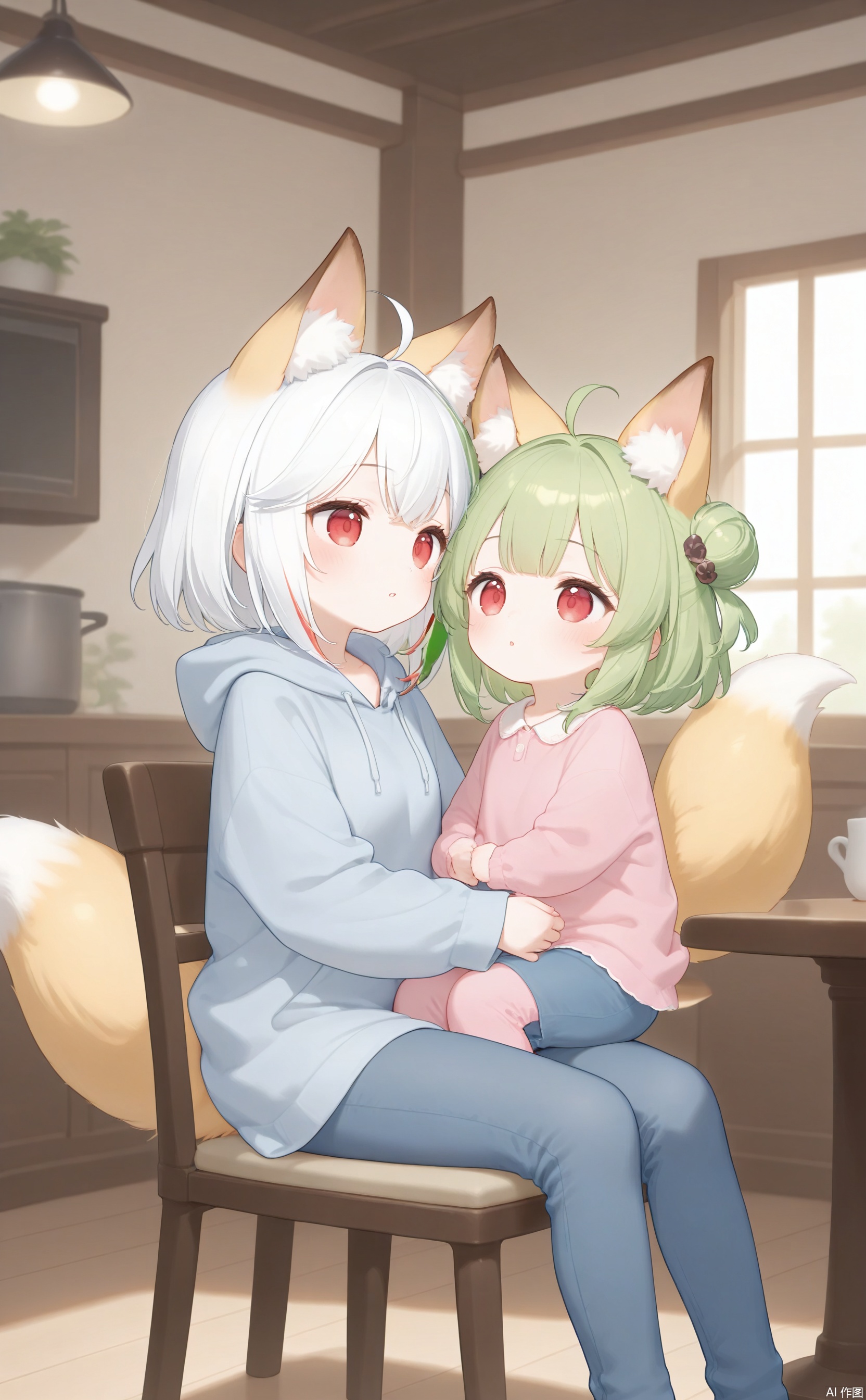 masterpiece,very aware,highres,absurdres,newest,best quality,high quality,chromatic_aberration,mother and daughter, short hair, bangs, red eyes, long sleeves, animal ears, tail, white hair, multicolored hair, green hair, pants, indoors, hair bun, two-tone hair, streaked hair, animal ear fluff, fox ears, fox tail ,fox girl, drawstring, indoors,wooden room,table,chair,sitting,