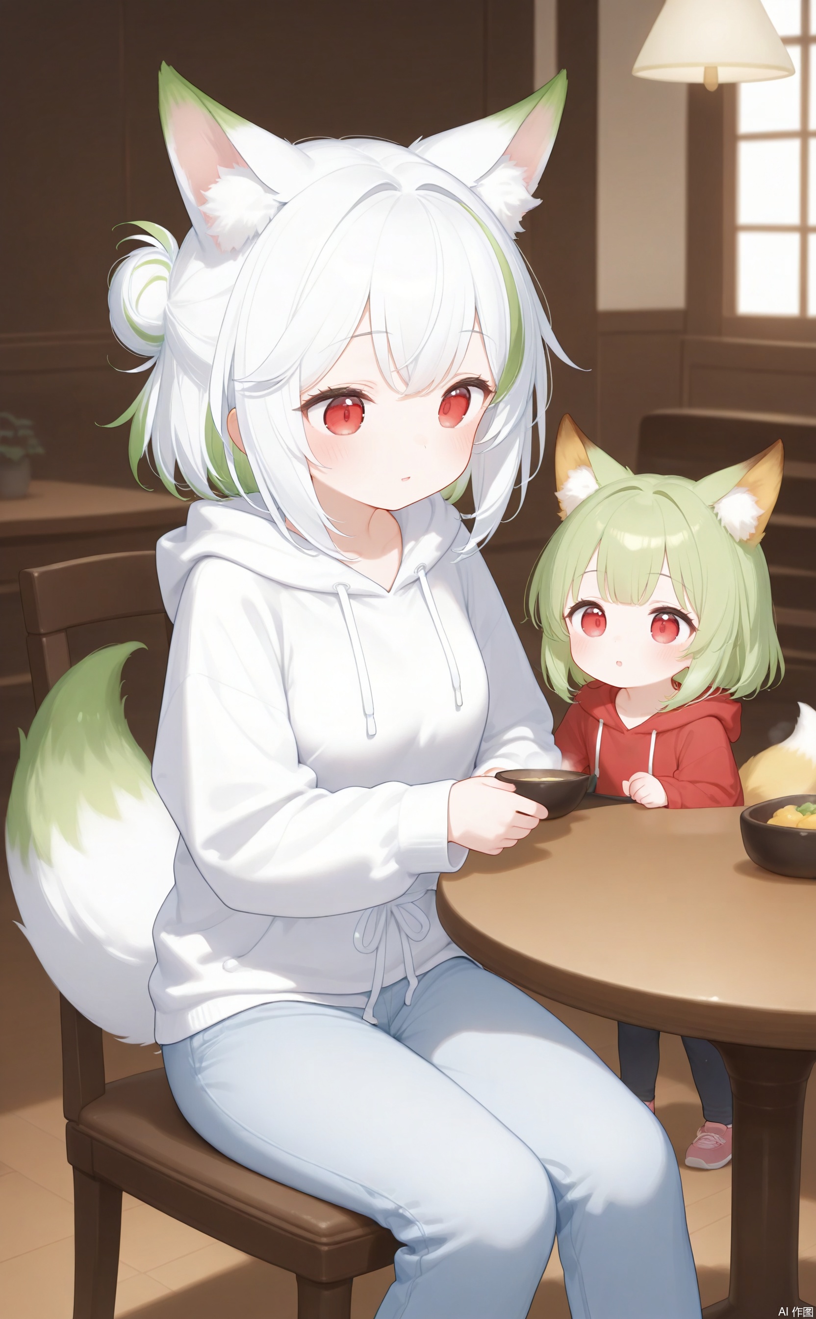 masterpiece,very aware,highres,absurdres,newest,best quality,high quality,chromatic_aberration,mother and daughter, short hair, bangs, red eyes, long sleeves, animal ears, tail, white hair, multicolored hair, green hair, pants, indoors, hair bun, two-tone hair, streaked hair, animal ear fluff, fox ears, fox tail ,fox girl, drawstring, indoors,wooden room,table,chair,sitting,