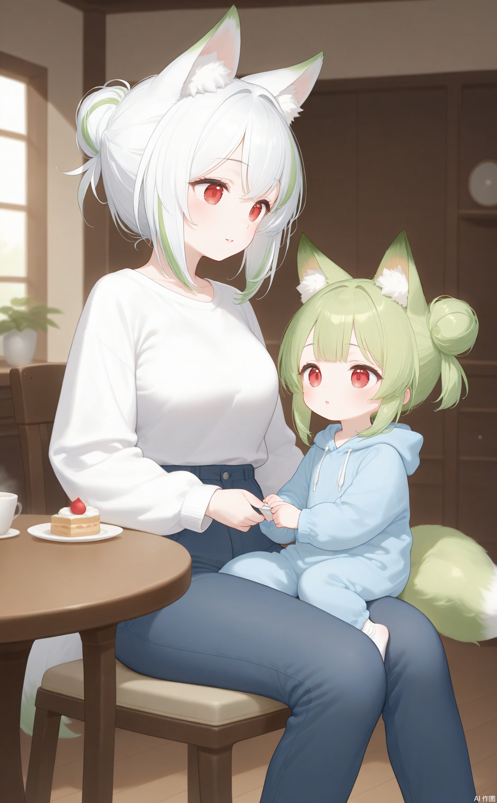 masterpiece,very aware,highres,absurdres,newest,best quality,high quality,chromatic_aberration,mother and daughter, short hair, bangs, red eyes, long sleeves, animal ears, tail, white hair, multicolored hair, green hair, pants, indoors, hair bun, two-tone hair, streaked hair, animal ear fluff, fox ears, fox tail ,fox girl, drawstring, indoors,wooden room,table,chair,sitting,