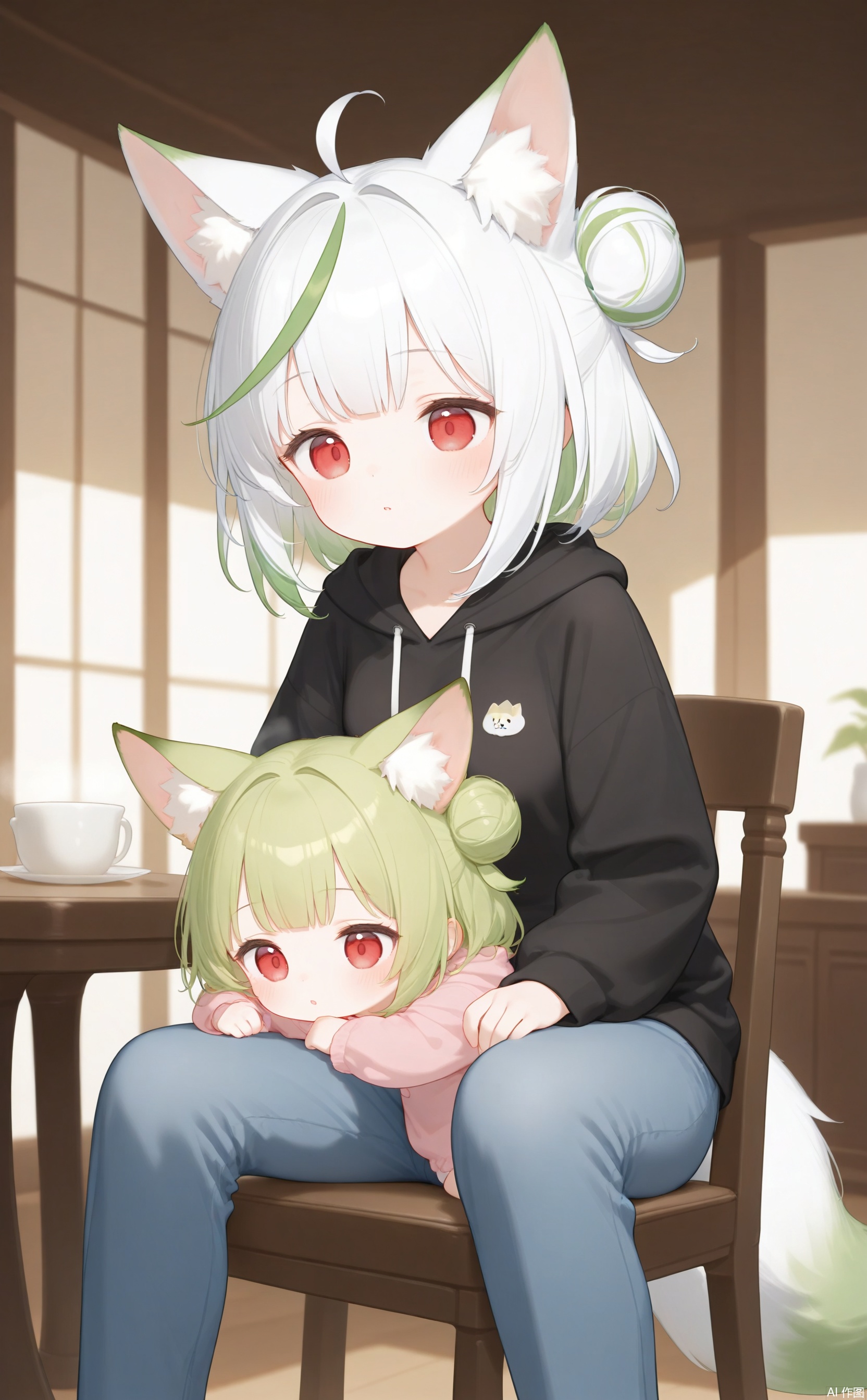 masterpiece,very aware,highres,absurdres,newest,best quality,high quality,chromatic_aberration,mother and daughter, short hair, bangs, red eyes, long sleeves, animal ears, tail, white hair, multicolored hair, green hair, pants, indoors, hair bun, two-tone hair, streaked hair, animal ear fluff, fox ears, fox tail ,fox girl, drawstring, indoors,wooden room,table,chair,sitting,