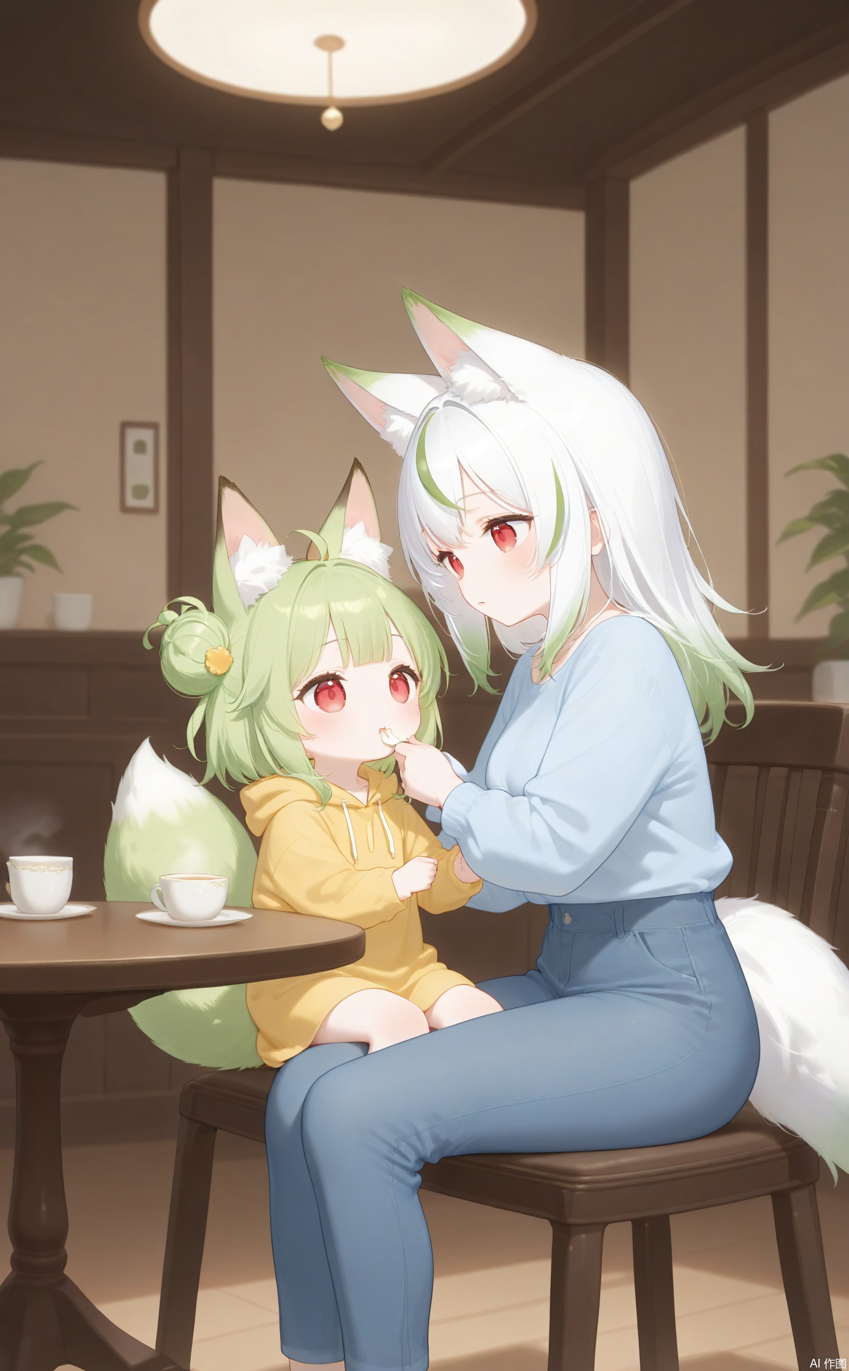 masterpiece,very aware,highres,absurdres,newest,best quality,high quality,chromatic_aberration,mother and daughter, short hair, bangs, red eyes, long sleeves, animal ears, tail, white hair, multicolored hair, green hair, pants, indoors, hair bun, two-tone hair, streaked hair, animal ear fluff, fox ears, fox tail ,fox girl, drawstring, indoors,wooden room,table,chair,sitting,