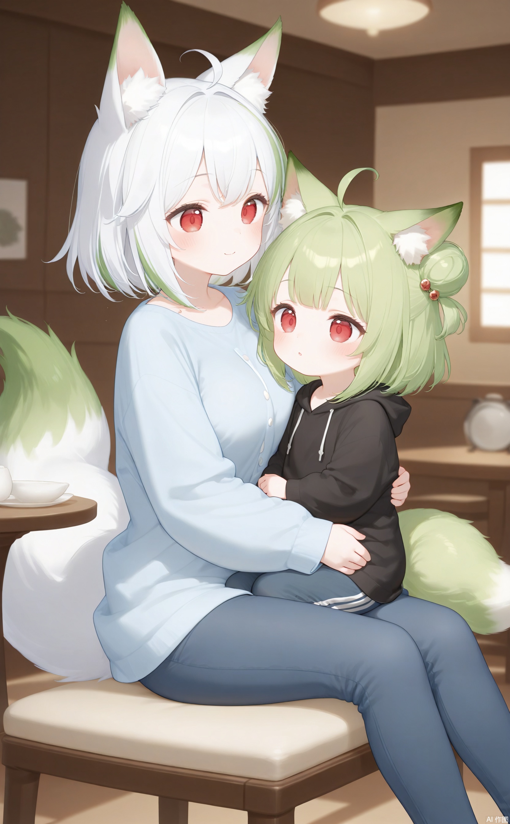 masterpiece,very aware,highres,absurdres,newest,best quality,high quality,chromatic_aberration,mother and daughter, short hair, bangs, red eyes, long sleeves, animal ears, tail, white hair, multicolored hair, green hair, pants, indoors, hair bun, two-tone hair, streaked hair, animal ear fluff, fox ears, fox tail ,fox girl, drawstring, indoors,wooden room,table,chair,sitting,