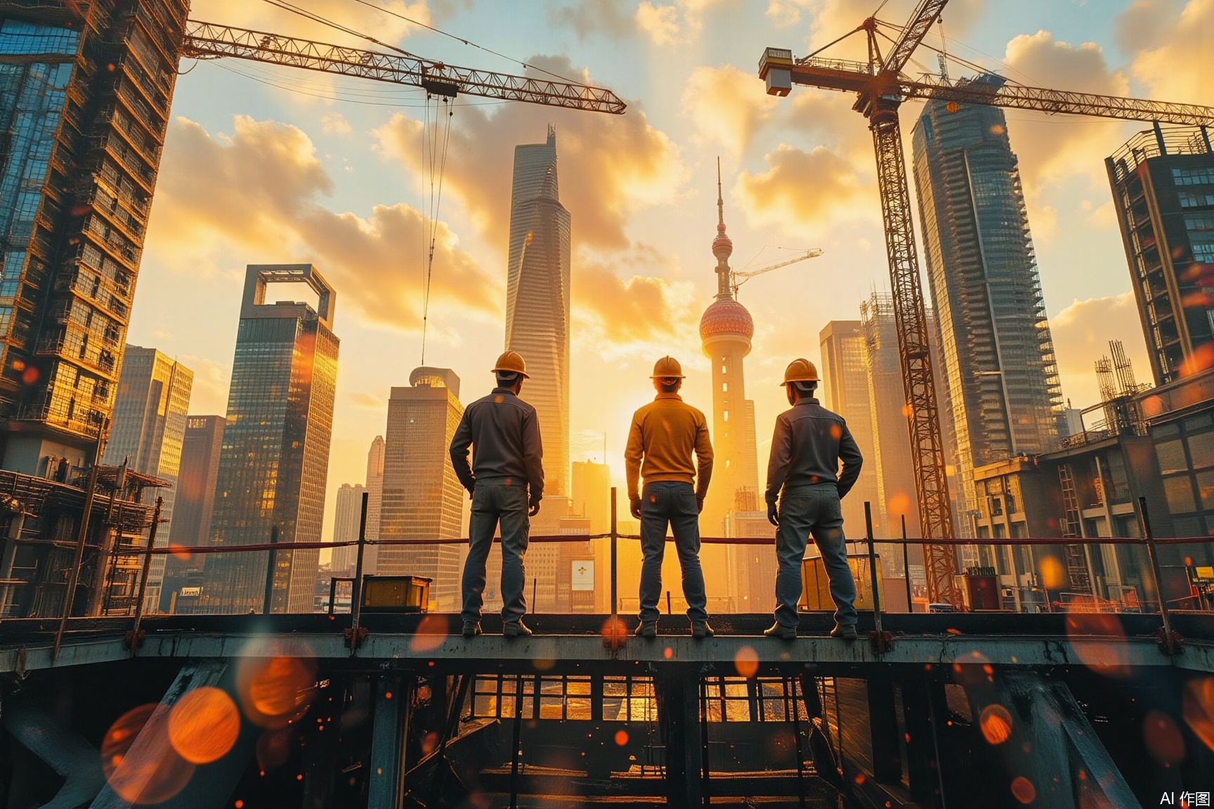 In the May Day-themed illustration, construction workers stand on the construction site of a skyscraper that reaches into the clouds, looking firmly into the distance. The afterglow of the setting sun shines on them, casting a golden light. At the bottom of the picture, the words "Labour Day" are designed with bold strokes. The font color is dark gray, which matches the texture of the steel of the building. The background is the bright lights of the city, creating a blockbuster atmosphere of labor creating brilliance.,vivid color,double-exposure,motion blur effect,shanghai