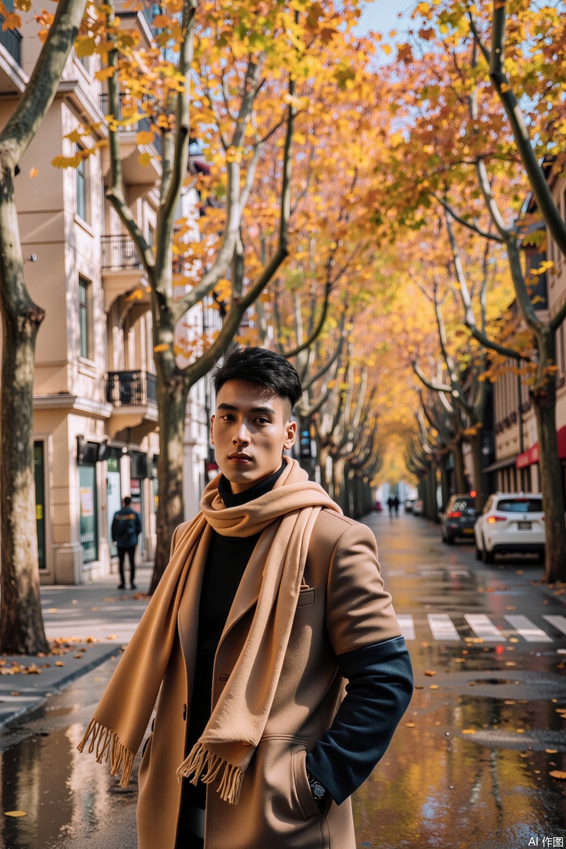 An Asian male model stands In the autumn street scene of Shanghai, the tall plane trees on both sides have golden leaves, and sunlight pours down., wearing a camel wool coat and black turtleneck, slightly turning sideways with one hand in pocket. Background features a Shanghai old - style foreign house in warm yellow tones. Warm golden morning light filters through buildings, reflecting on damp pavement. The image highlights his sharp silhouette and fabric textures, with cool-toned architectures contrasting against the flowing warm scarf, his stern expression contrasting with soft lighting..,xnz,vivid color,jzbj