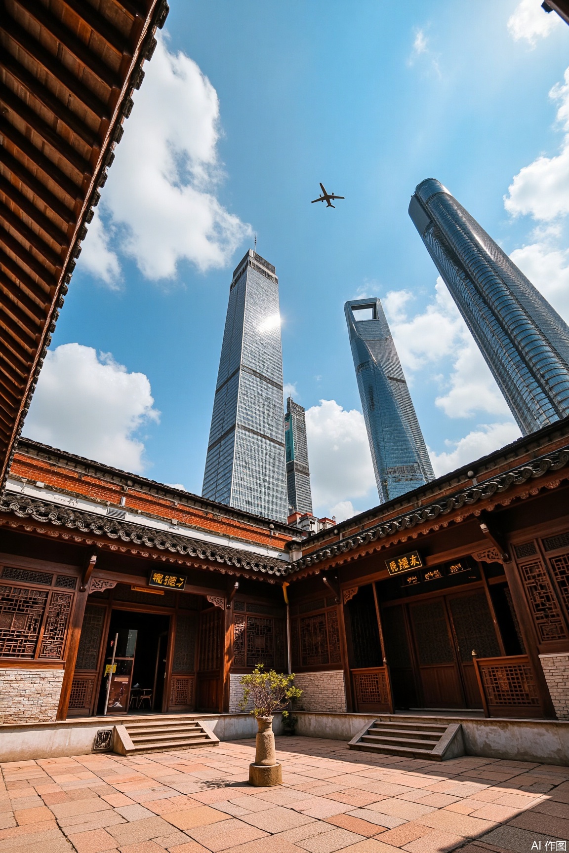 jzbj,shanghai, In the courtyard of an ancient residence, traditional wooden buildings exude quaint elegance. Looking up, modern skyscrapers and an airplane in the sky can be seen. The clash of ancient and modern elements highlights Shanghai's diversity and inclusiveness.