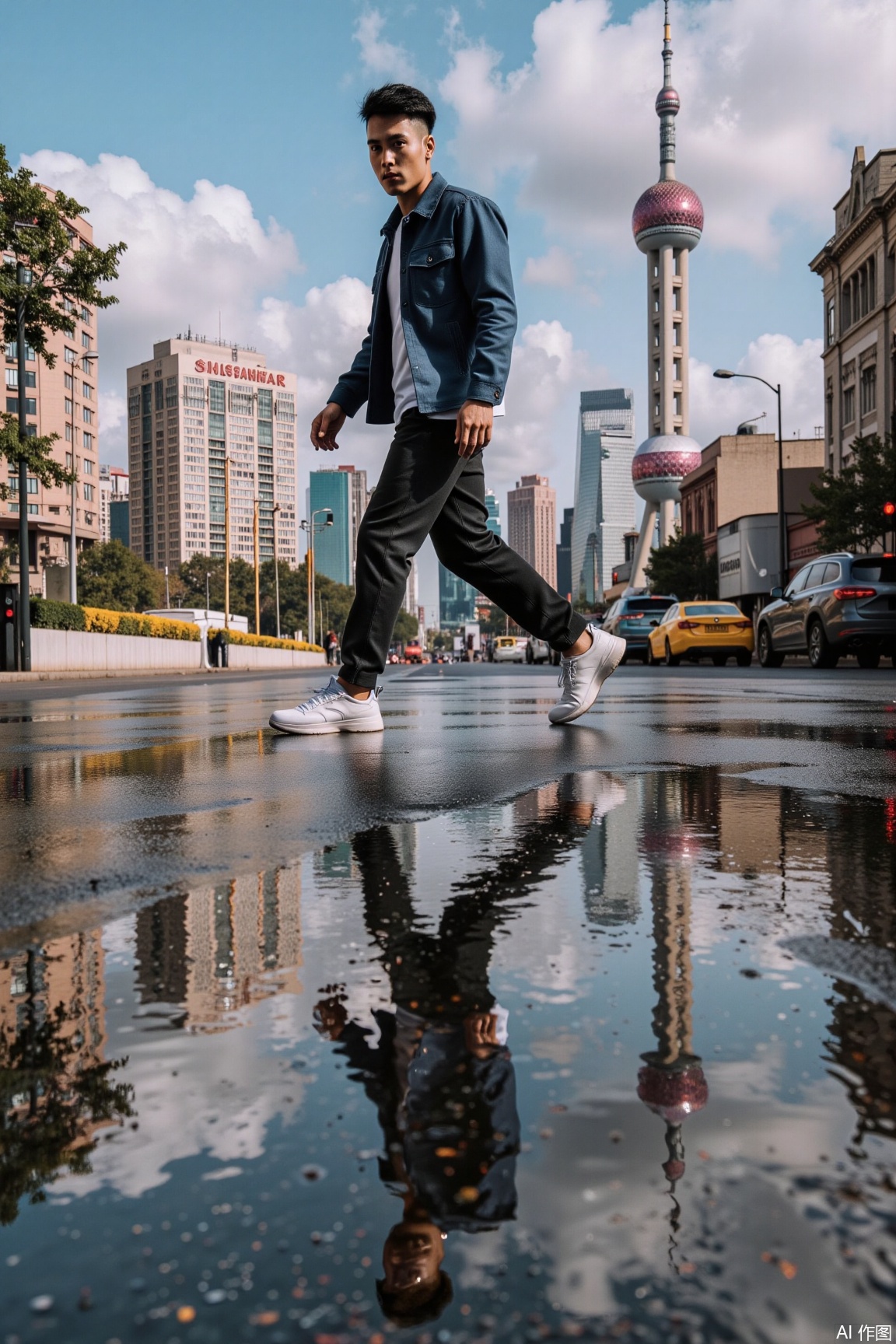 A male model navigates the wet road after rain, with the building's reflection in the puddle, presenting Shanghai's unique urban charm,xnz,vivid color,jzbj,shanghai