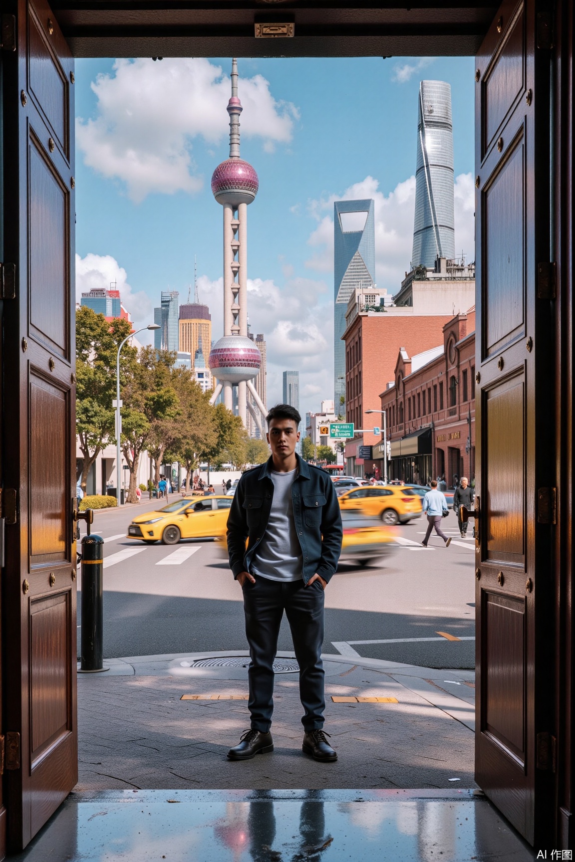 As the door opens, a male model stands on the street. Modern buildings like the Oriental Pearl Tower complement the street scene, with vehicles and pedestrians coming and going, interweaving Shanghai's vitality and modern flavor..,xnz,vivid color,jzbj,shanghai