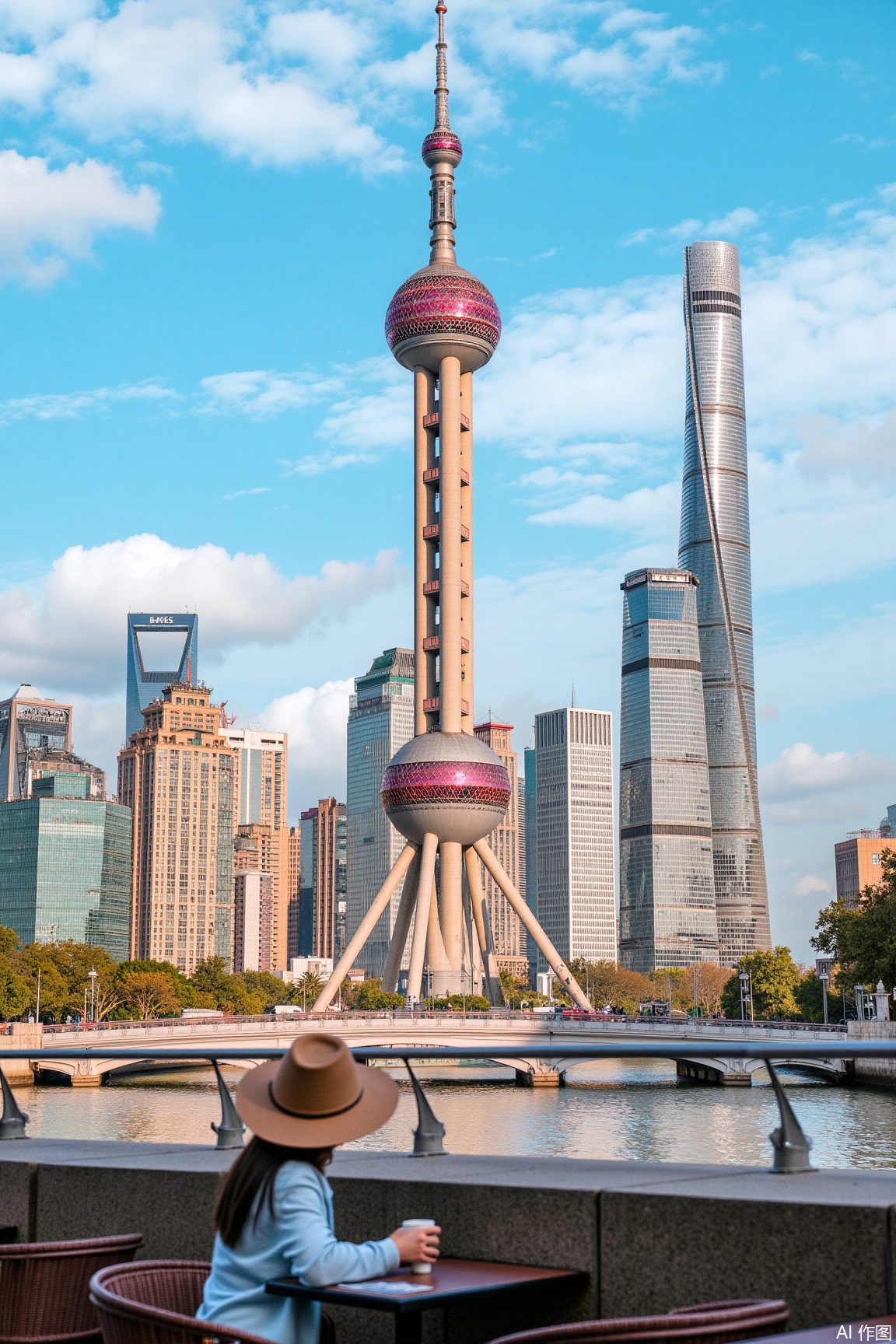 jzbj,shanghai, By the river in Shanghai, a woman sits at an outdoor table. The Oriental Pearl Tower and other skyscrapers, along with a bridge spanning the river, showcase the city's bustling yet leisurely charm under the blue sky and white clouds.