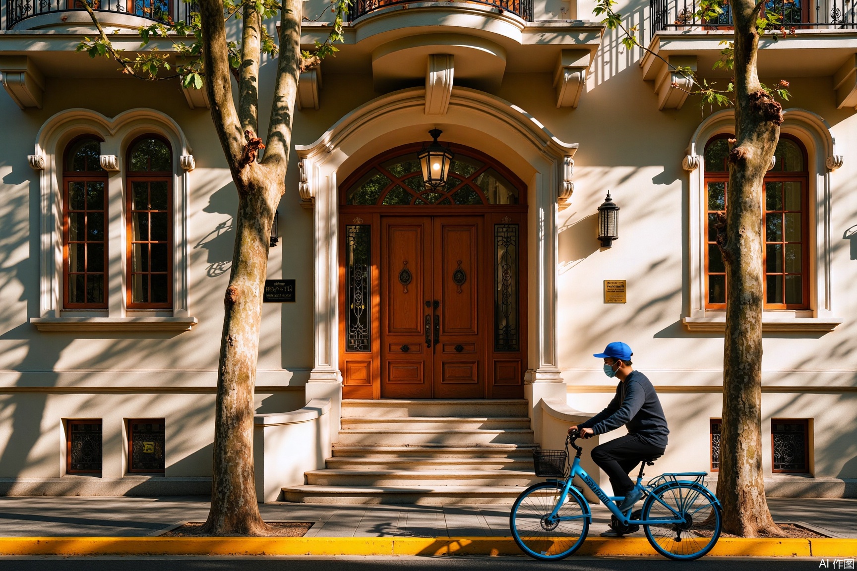 jzbj,shanghai, The exquisitely elegant Shanghai old - style foreign house features arched doors and windows full of charm. A cyclist passes by the front door, with sunlight and tree shadows interwoven, full of a retro and life - like atmosphere.