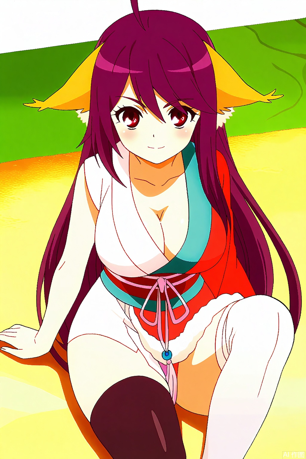 1girl, solo, long hair, breasts, looking at viewer, large breasts, red eyes, thighhighs, animal ears, cleavage, very long hair, purple hair, ahoge, japanese clothes, kimono, sash, antenna hair, single sleeve,masterpiece,best quality,official art,extremely detailed CG unity 8k wallpaper,,Thigh exposed,thighhighs,looking at viewer,on the beach,