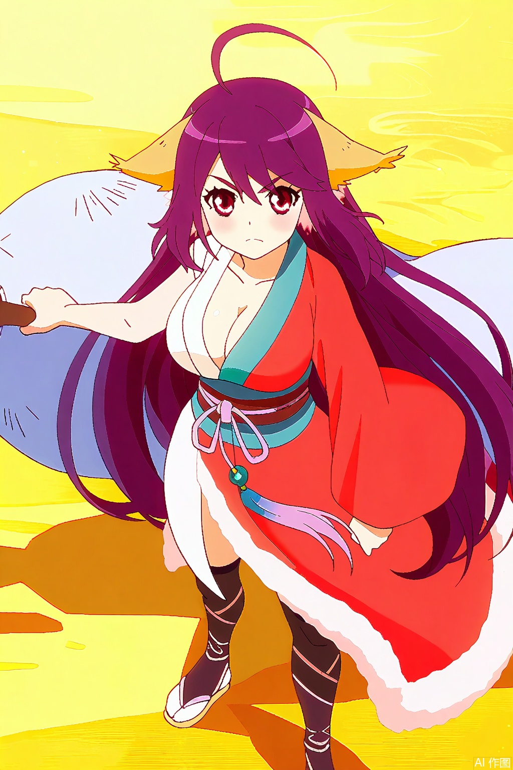 1girl, solo, long hair, breasts, looking at viewer, large breasts, red eyes, thighhighs, animal ears, cleavage, very long hair, purple hair, ahoge, japanese clothes, kimono, sash, antenna hair, single sleeve,masterpiece,best quality,official art,extremely detailed CG unity 8k wallpaper,,Thigh exposed,thighhighs,looking at viewer,on the beach,