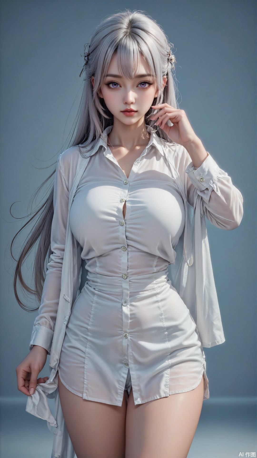 (realistic, photorealistic, realistic shading:1.21),(masterpiece, best quality, amazing quality:1.1),very aesthetic,ultra detailed,highly detailed,intricate details,absurdres,(volumetric lighting, HDR:1.1),toddler girl,child girl,child size,toddler size,1girl, breasts, solo, shirt, long hair, cleavage, looking at viewer, white shirt, long sleeves, off shoulder, parted lips, collarbone, bangs, upper body, large breasts, blue background, simple background, partially unbuttoned, hair between eyes, hand up, bare shoulders, unbuttoned, white hair, dress shirt, open clothes, purple eyes, open shirt, collared shirt, no bra, pink eyes, buttons, fingernails, blue eyes, unbuttoned shirt, lipstick mark, grey hair, blush,<break>,masterpiece,best quality,absurdres,highres,very aesthetic,high quality,detailed,insanely detailed,beautiful,very awa,
