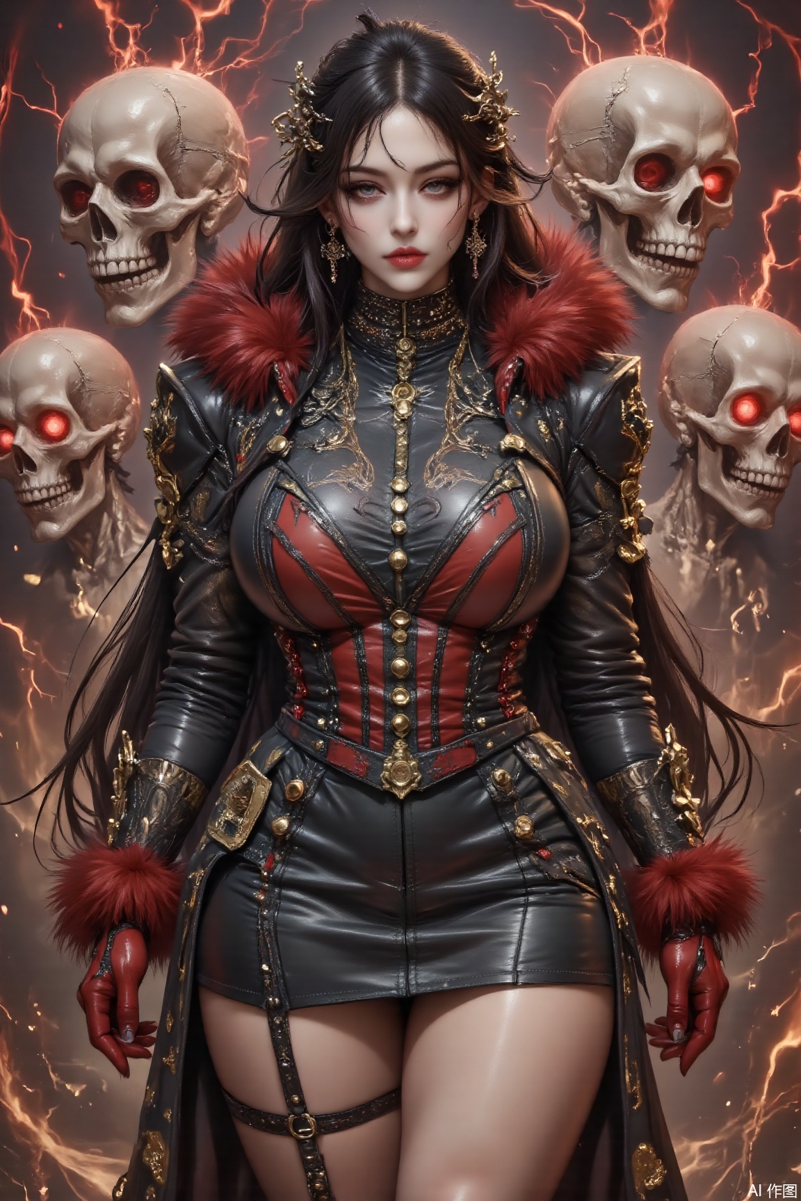 The image depicts a person wearing a black and red hooded jacket with fur trim, adorned with gold buttons and intricate designs. The jacket features a badge on the left side and a patch on the right. The person has long black hair and is wearing red gloves. Behind the individual are three large, glowing skulls with red eyes, set against a vibrant, fiery background with swirling energy patterns. The overall scene has a mystical and dramatic atmosphere.