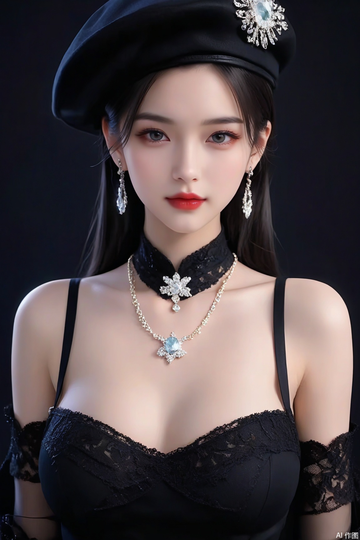 1girl, breasts, black hair, gloves, hat, dress, jewelry, medium breasts, upper body, earrings, choker, black gloves,necklace, black dress, black headwear,  beret, black background, gem, red lips, lace gloves