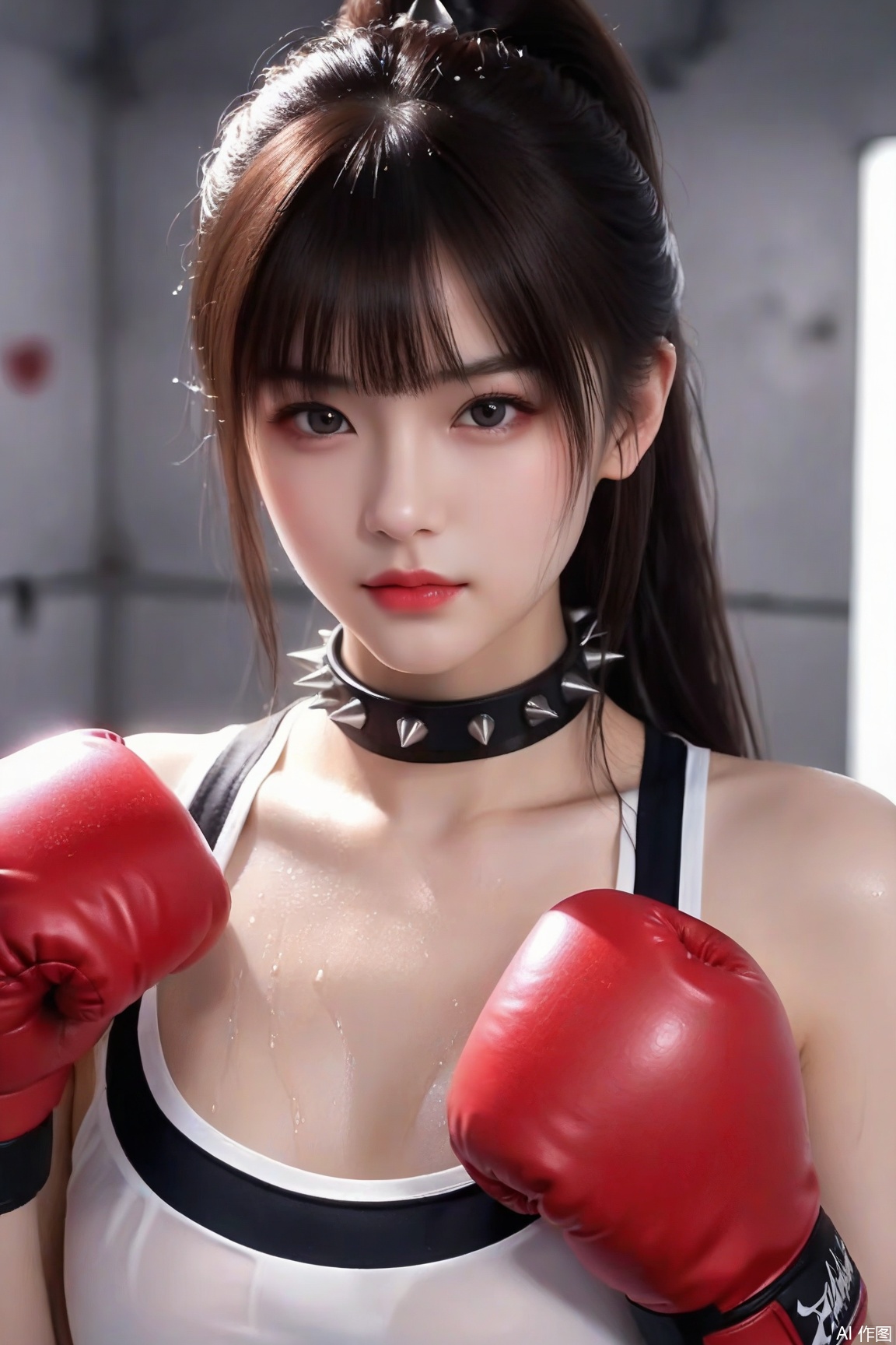 1girl, solo, wet,long hair, looking at viewer, bangs, sweat,brown hair, black hair, closed mouth, upper body, ponytail, spiked collar,spikes, blurry, black eyes, lips, black choker, top, realistic, red lips, red boxing gloves