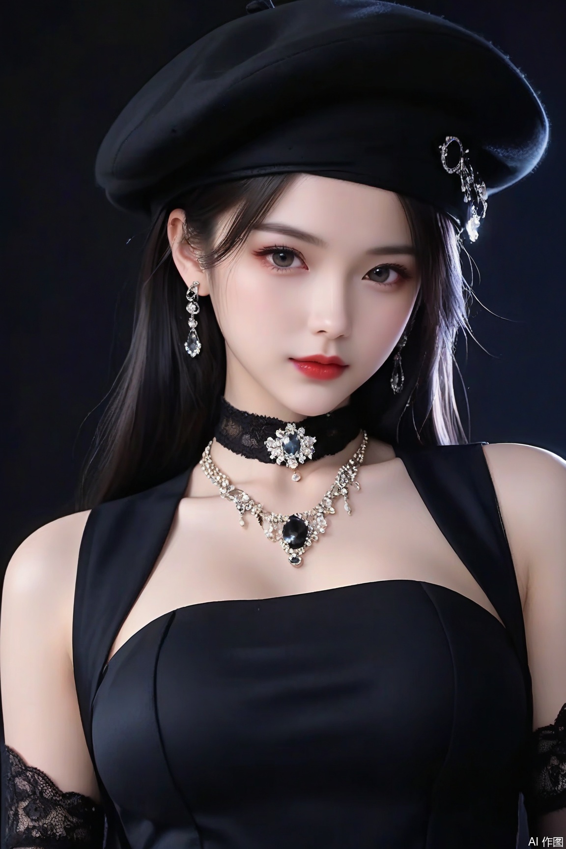 1girl, breasts, black hair, gloves, hat, dress, jewelry, medium breasts, upper body, earrings, choker, black gloves,necklace, black dress, black headwear,  beret, black background, gem, red lips, lace gloves