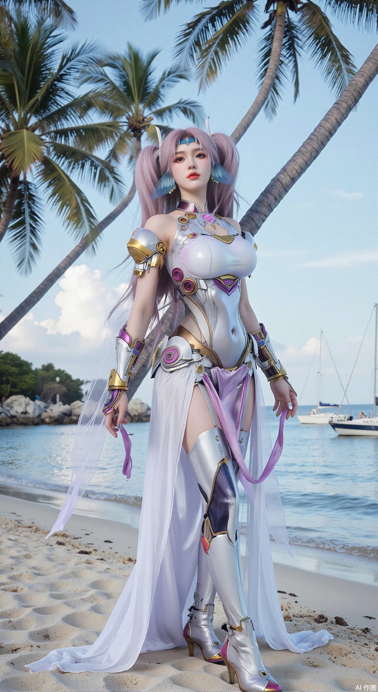 SFW,(masterpiece:1.2),best quality,absurdres,masterpiece,original,extremely detailed wallpaper,perfect lighting,1girl,solo,looking at viewer,(cowboy_shot:1.3),long hair,high heels,blurry background,depth of field,motion blur,(long dress:1.23),crystal_earrings,headpiece,hair_tie,chest_jewel,gem,necklace,jewelry,in summer,day,outdoors,nature,(standing,Seaside, beach, sailboat, coconut trees:1.59),(huge breasts:2.99),(full breasts:2.99),,large natural breast,soft breasts,XqingnvzongZM,XanmiaoyiXY,Xaichen