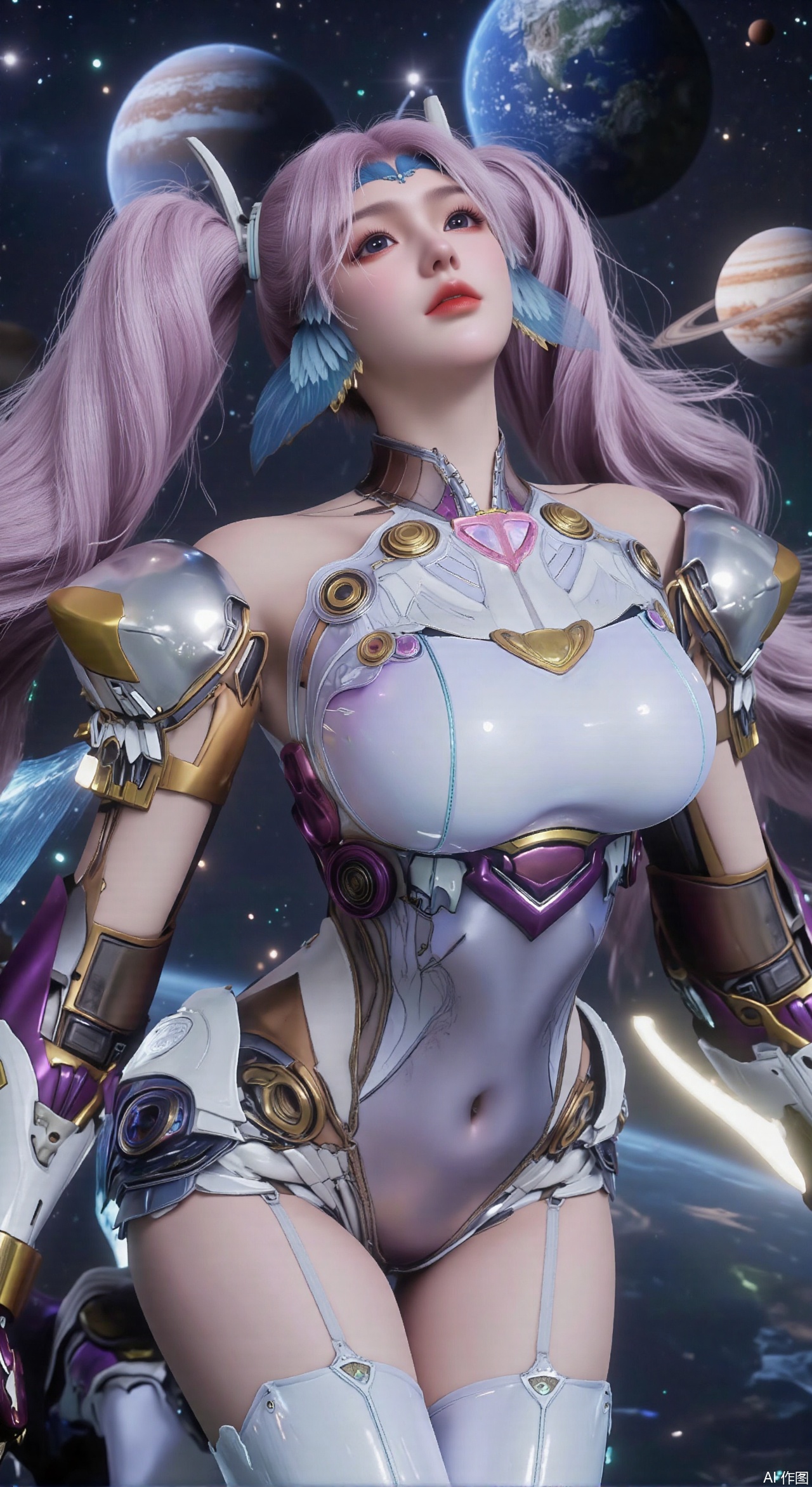 SFW,(masterpiece:1.2),best quality,absurdres,masterpiece,original,extremely detailed wallpaper,perfect lighting,1girl,solo,looking at viewer,(cowboy_shot:1.3),long hair,high heels,blurry background,depth of field,motion blur,(long dress:1.23),crystal_earrings,headpiece,hair_tie,chest_jewel,gem,necklace,jewelry,in summer,day,outdoors,nature,(Space, planetary belt, Earth, Mercury, Venus, Mars, Jupiter, Saturn, Sun in the background:1.59),(huge breasts:2.99),(full breasts:2.99),,large natural breast,soft breasts,XqingnvzongZM,XanmiaoyiXY,Xaichen