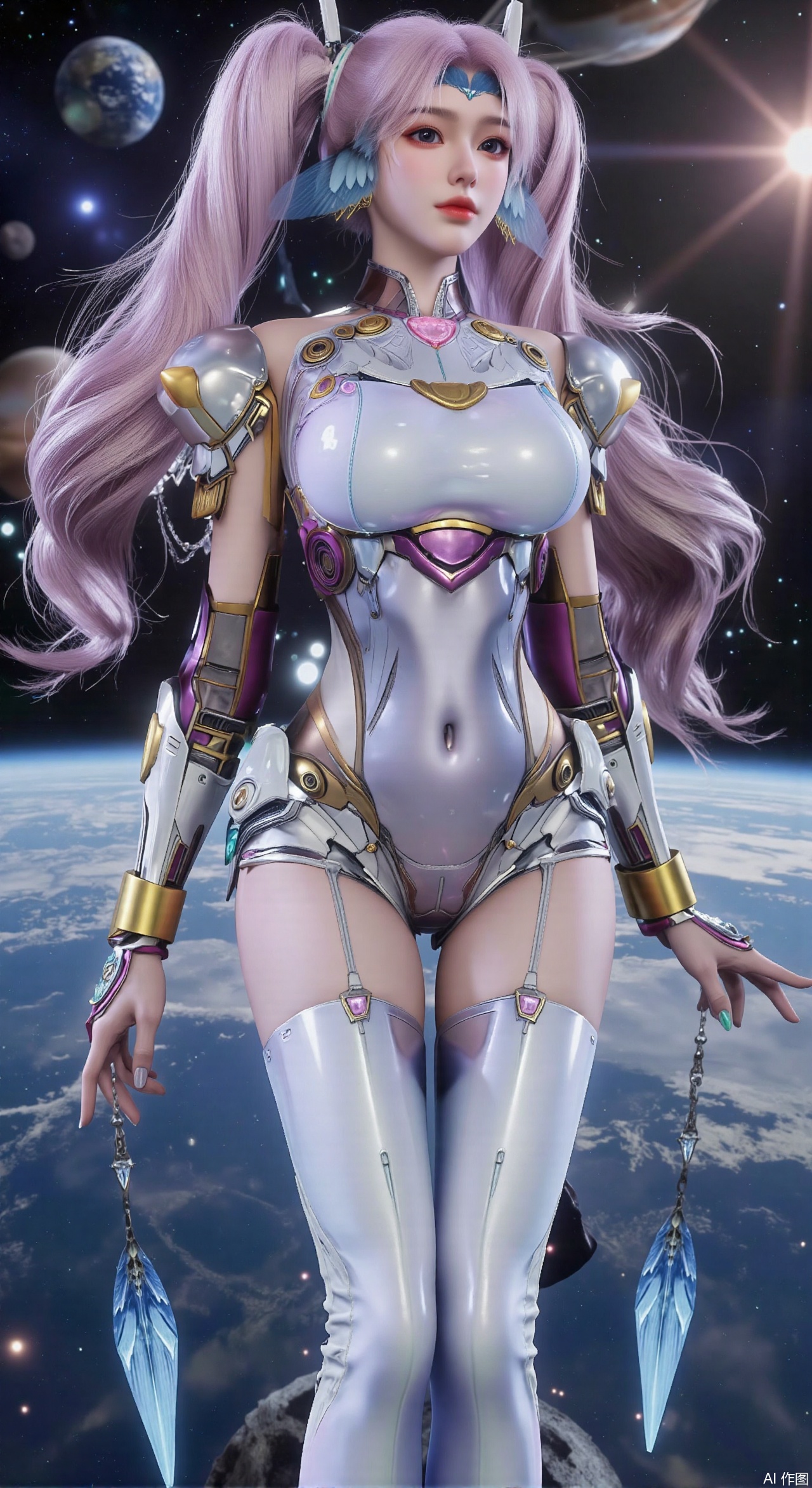 SFW,(masterpiece:1.2),best quality,absurdres,masterpiece,original,extremely detailed wallpaper,perfect lighting,1girl,solo,looking at viewer,(cowboy_shot:1.3),long hair,high heels,blurry background,depth of field,motion blur,(long dress:1.23),crystal_earrings,headpiece,hair_tie,chest_jewel,gem,necklace,jewelry,in summer,day,outdoors,nature,(Space, planetary belt, Earth, Mercury, Venus, Mars, Jupiter, Saturn, Sun in the background:1.59),(huge breasts:2.99),(full breasts:2.99),,large natural breast,soft breasts,XqingnvzongZM,XanmiaoyiXY,Xaichen