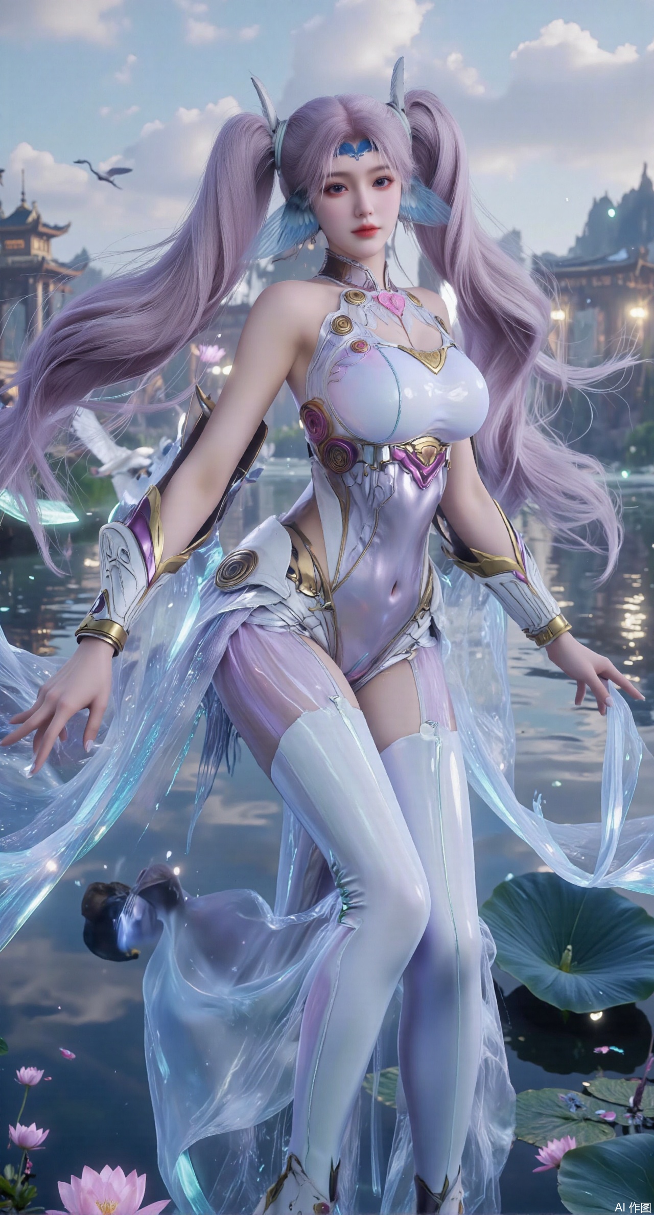 SFW,(masterpiece:1.2),best quality,1girl,solo,long hair,long dress,celestial maiden in flowing tulle gown levitates above lotus pond, ethereal mist trails from hair ribbons, mythical Penglai paradise emerges through clouds with glowing pavilions, translucent bioluminescent lotus blooms, flock of cranes gliding over water surface, ultra HD with soft 3D rendering, morning light filters through mist, falling petal rain, intricate details on scale-patterned fabric and lotus veins.(huge breasts:2.99),(full breasts:2.99),XanmiaoyiY,XhuolingerHHY,XwangqiuerKQW,Xxuenv,Xnanqiuqiu,Xhuangnv,XchuxuanerX,XchuxuanerXY,XyunyunX,XqingnvzongZM,XanmiaoyiXY,Xaichen,large natural breast,soft breasts