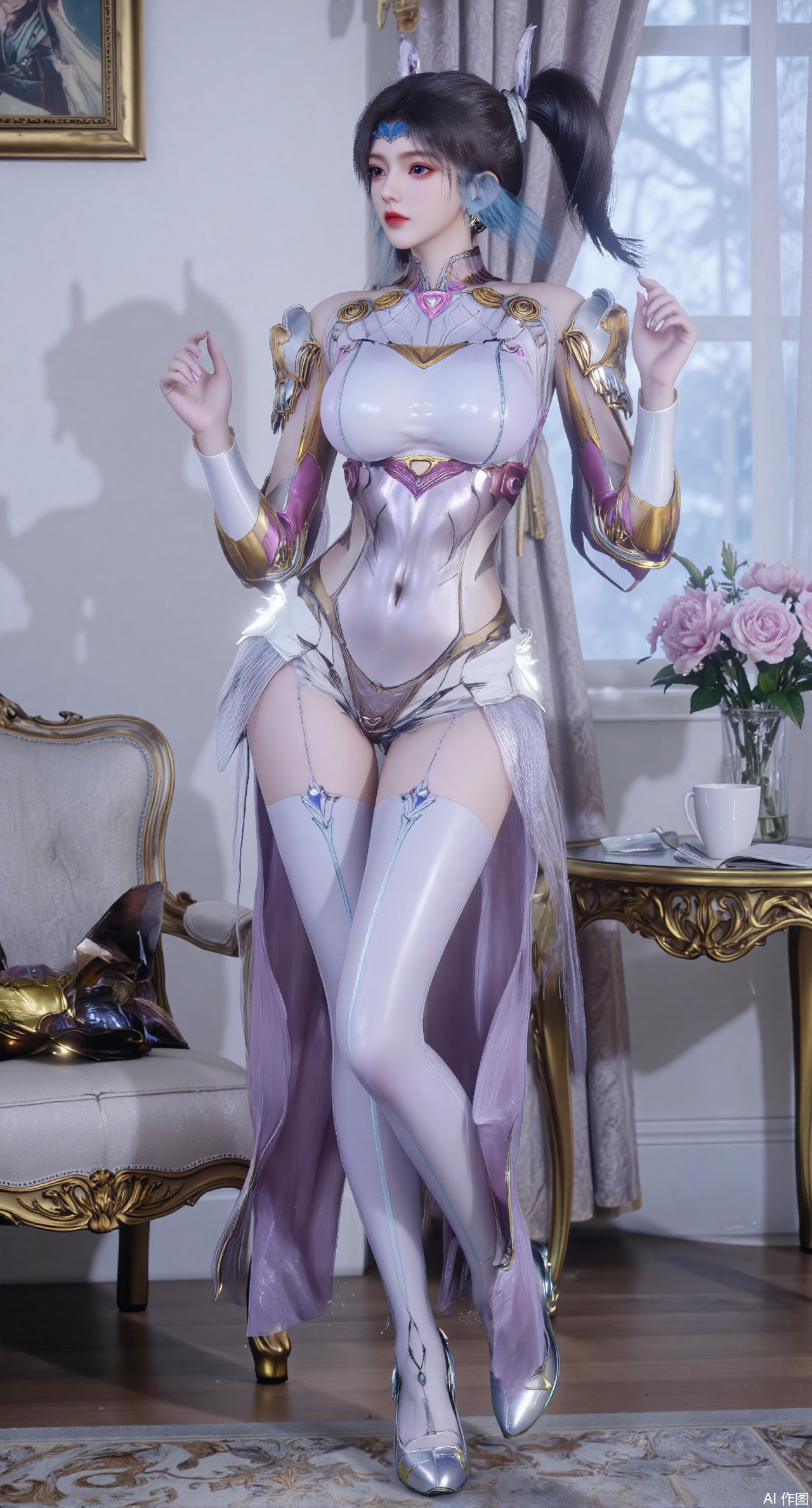 Ultra clear, wallpaper, 8k, masterpiece, 1girl, solo, long hair, breasts, looking at viewer, bangs, large breasts,long dress,, bare shoulders, jewelry, black hair, standing, purple eyes, full body, flower, thighs, indoors, hair bun, long dress, high heels, cup, see-through, book, bare legs, window, table, white footwear, standing on one leg, curtains, pink flower, side slit, vase, ,(huge breasts:2.99),(full breasts:2.99),phone screen,XanmiaoyiY,XhuolingerHHY,XwangqiuerKQW,Xxuenv,Xnanqiuqiu,Xhuangnv,XchuxuanerX,XchuxuanerXY,Xjuzi,XyunyunX,XqingnvzongZM,XanmiaoyiXY,Xqianrenxue,Xaichen,c-hd