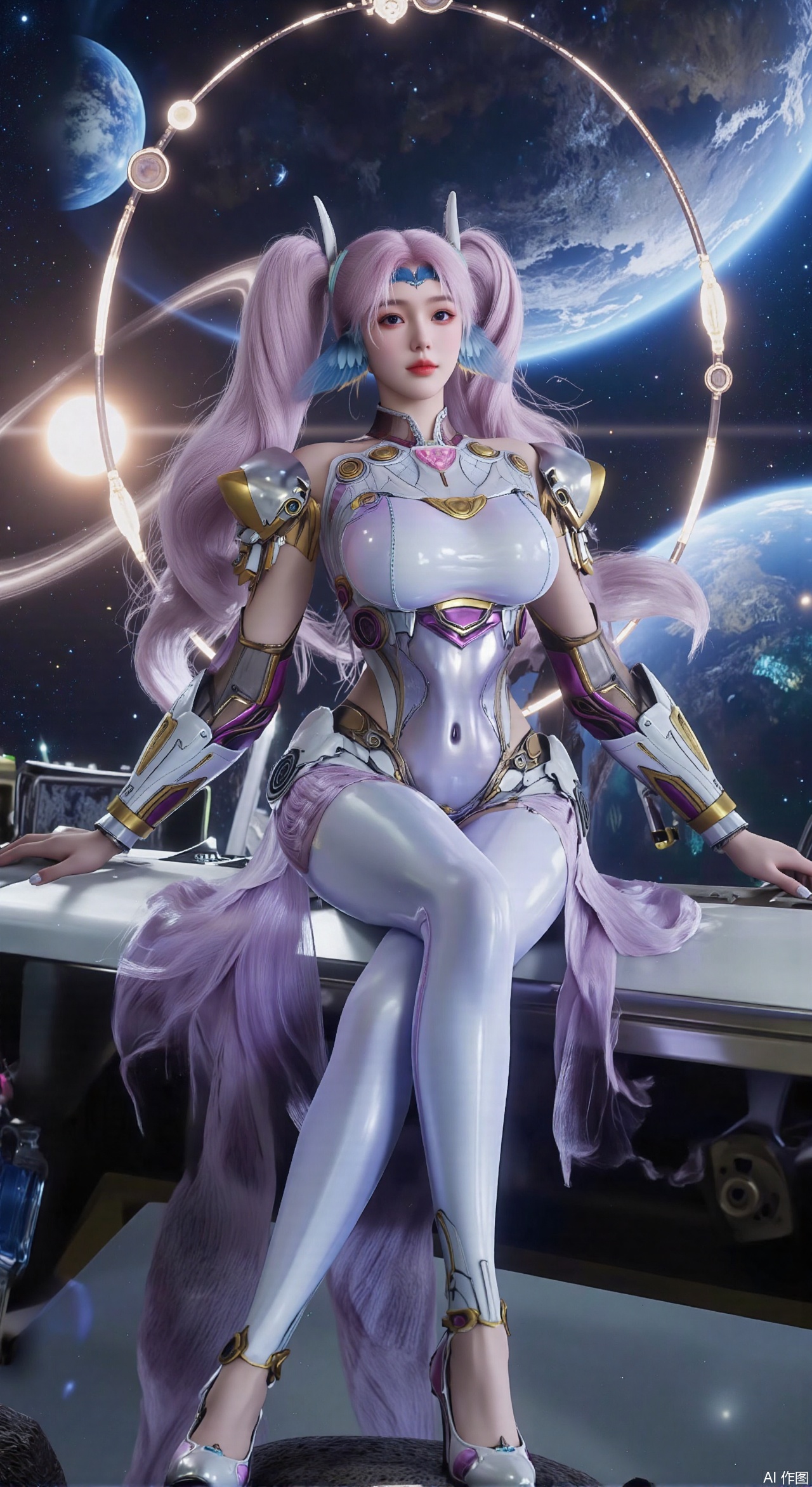 SFW,(masterpiece:1.2),best quality,absurdres,masterpiece,original,extremely detailed wallpaper,perfect lighting,1girl,solo,looking at viewer,(cowboy_shot:1.3),long hair,high heels,blurry background,depth of field,motion blur,(long dress:1.23),crystal_earrings,headpiece,hair_tie,chest_jewel,gem,necklace,jewelry,in summer,day,outdoors,nature,(Space, planetary belt, Earth, Mercury, Venus, Mars, Jupiter, Saturn, Sun in the background:1.59),(huge breasts:2.99),(full breasts:2.99),,large natural breast,soft breasts,XqingnvzongZM,XanmiaoyiXY,Xaichen