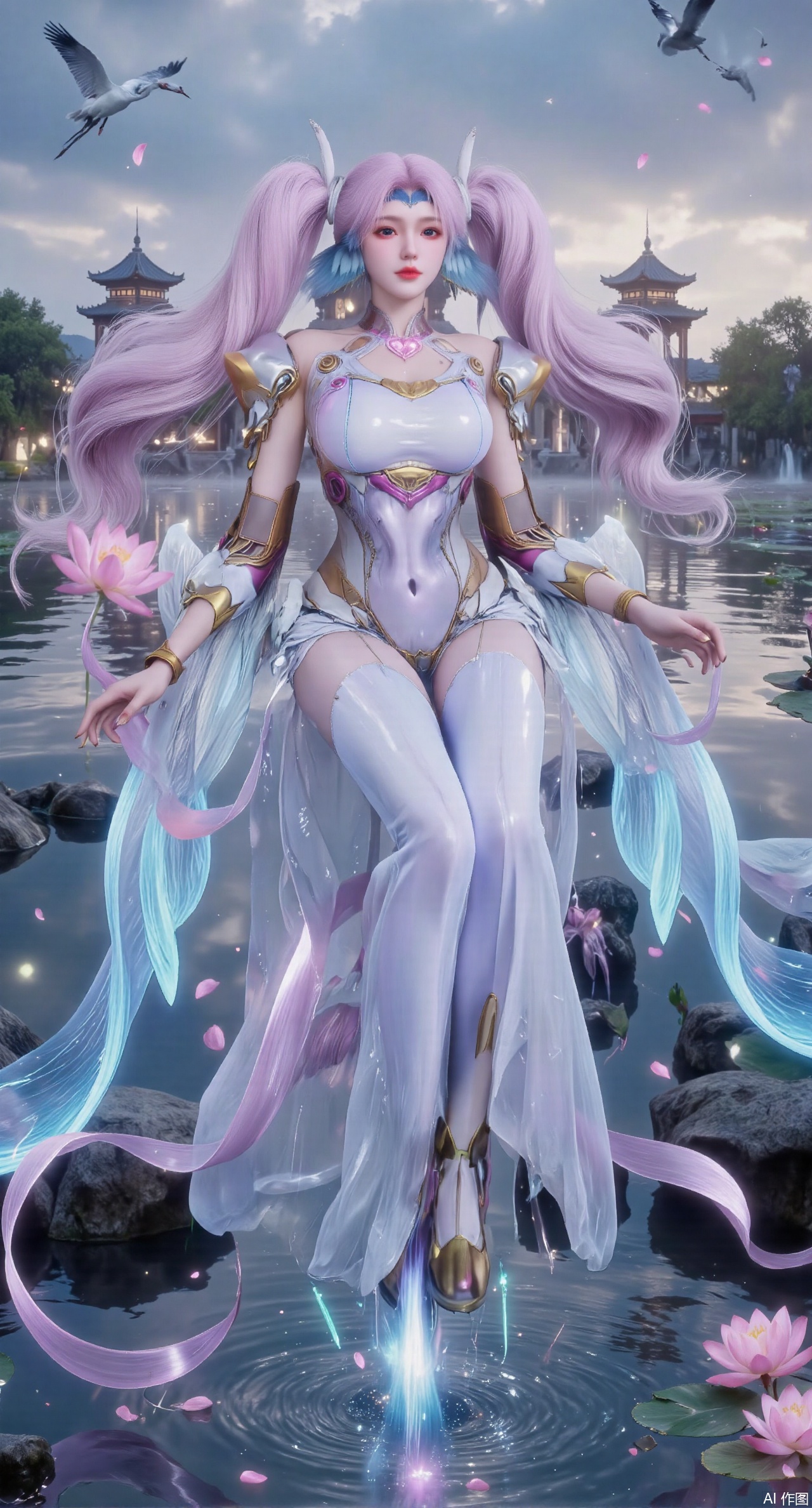 SFW,(masterpiece:1.2),best quality,1girl,solo,long hair,long dress,celestial maiden in flowing tulle gown levitates above lotus pond, ethereal mist trails from hair ribbons, mythical Penglai paradise emerges through clouds with glowing pavilions, translucent bioluminescent lotus blooms, flock of cranes gliding over water surface, ultra HD with soft 3D rendering, morning light filters through mist, falling petal rain, intricate details on scale-patterned fabric and lotus veins.(huge breasts:2.99),(full breasts:2.99),XanmiaoyiY,XhuolingerHHY,XwangqiuerKQW,Xxuenv,Xnanqiuqiu,Xhuangnv,XchuxuanerX,XchuxuanerXY,XyunyunX,XqingnvzongZM,XanmiaoyiXY,Xaichen