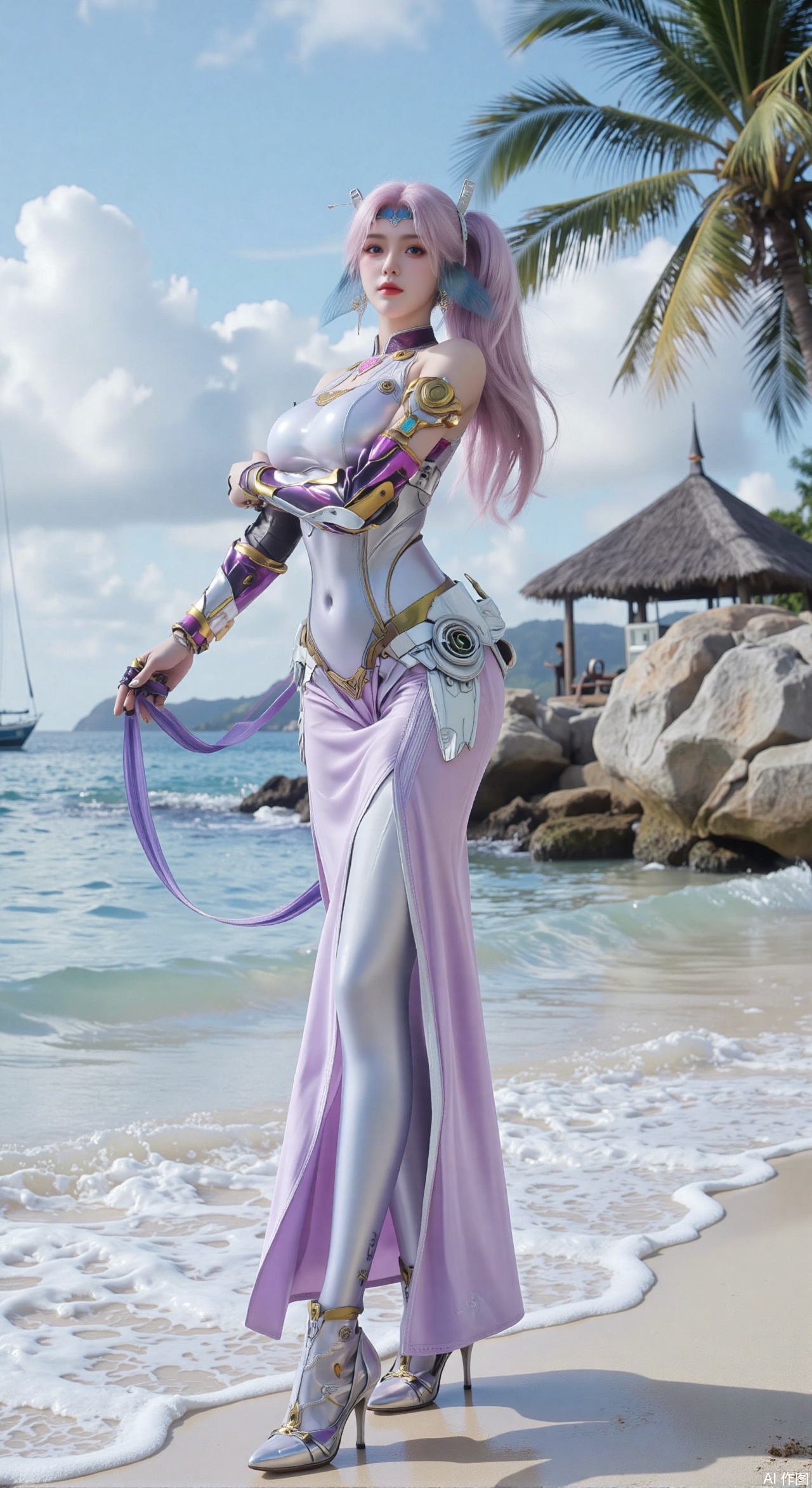 SFW,(masterpiece:1.2),best quality,absurdres,masterpiece,original,extremely detailed wallpaper,perfect lighting,1girl,solo,looking at viewer,(cowboy_shot:1.3),long hair,high heels,blurry background,depth of field,motion blur,(long dress:1.23),crystal_earrings,headpiece,hair_tie,chest_jewel,gem,necklace,jewelry,in summer,day,outdoors,nature,(standing,Seaside, beach, sailboat, coconut trees:1.59),(huge breasts:2.99),(full breasts:2.99),,large natural breast,soft breasts,XqingnvzongZM,XanmiaoyiXY,Xaichen