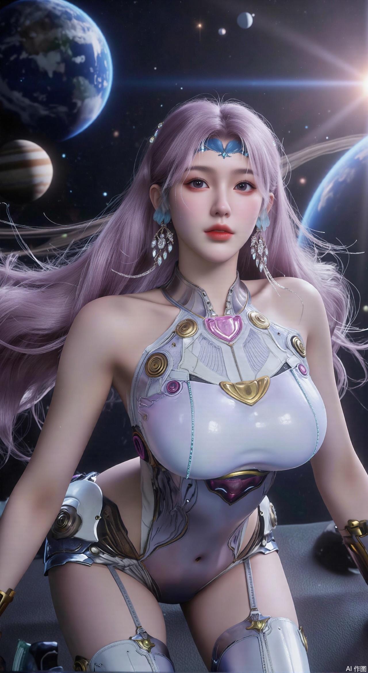 SFW,(masterpiece:1.2),best quality,absurdres,masterpiece,original,extremely detailed wallpaper,perfect lighting,1girl,solo,looking at viewer,(cowboy_shot:1.3),long hair,high heels,blurry background,depth of field,motion blur,(long dress:1.23),crystal_earrings,headpiece,hair_tie,chest_jewel,gem,necklace,jewelry,in summer,day,outdoors,nature,(Space, planetary belt, Earth, Mercury, Venus, Mars, Jupiter, Saturn, Sun in the background:1.59),(huge breasts:2.99),(full breasts:2.99),,large natural breast,soft breasts,XqingnvzongZM,XanmiaoyiXY,Xaichen