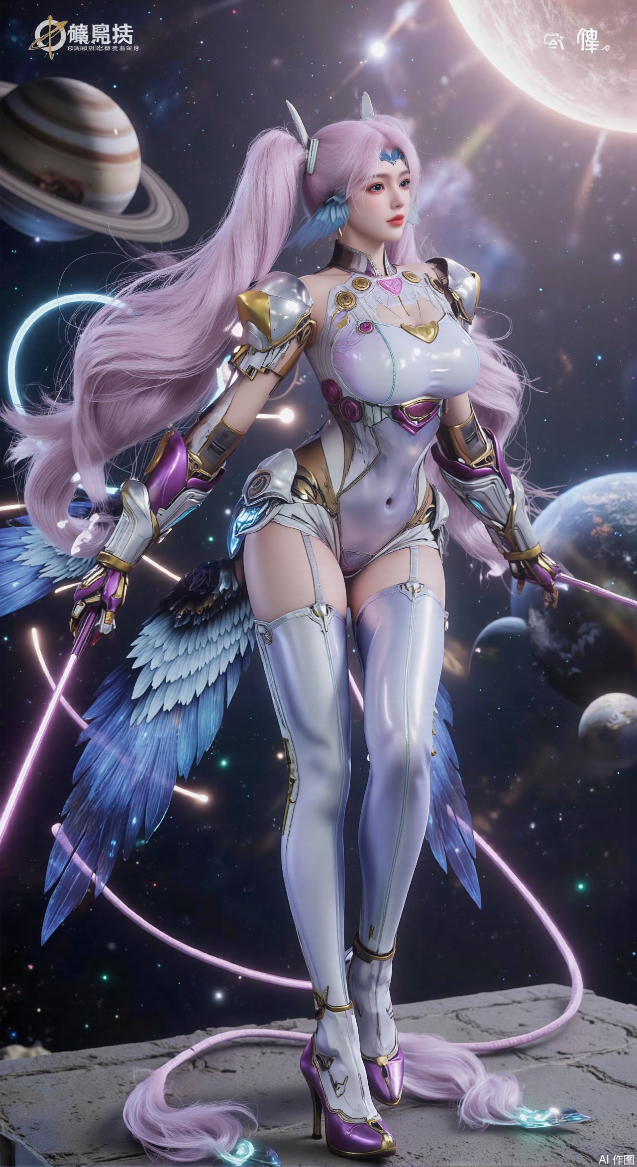 SFW,(masterpiece:1.2),best quality,absurdres,masterpiece,original,extremely detailed wallpaper,perfect lighting,1girl,solo,looking at viewer,(cowboy_shot:1.3),long hair,high heels,blurry background,depth of field,motion blur,(long dress:1.23),crystal_earrings,headpiece,hair_tie,chest_jewel,gem,necklace,jewelry,in summer,day,outdoors,nature,(Space, planetary belt, Earth, Mercury, Venus, Mars, Jupiter, Saturn, Sun in the background:1.59),(huge breasts:2.99),(full breasts:2.99),,large natural breast,soft breasts,XqingnvzongZM,XanmiaoyiXY,Xaichen