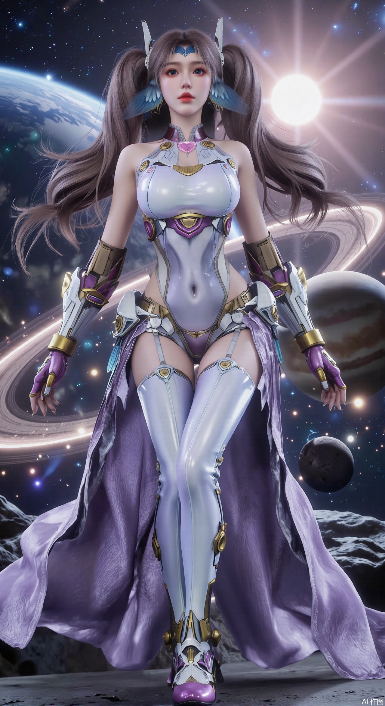 SFW,(masterpiece:1.2),best quality,absurdres,masterpiece,original,extremely detailed wallpaper,perfect lighting,1girl,solo,looking at viewer,(cowboy_shot:1.3),long hair,high heels,blurry background,depth of field,motion blur,(long dress:1.23),crystal_earrings,headpiece,hair_tie,chest_jewel,gem,necklace,jewelry,in summer,day,outdoors,nature,(Space, planetary belt, Earth, Mercury, Venus, Mars, Jupiter, Saturn, Sun in the background:1.59),(huge breasts:2.99),(full breasts:2.99),,large natural breast,soft breasts,XqingnvzongZM,XanmiaoyiXY,Xaichen