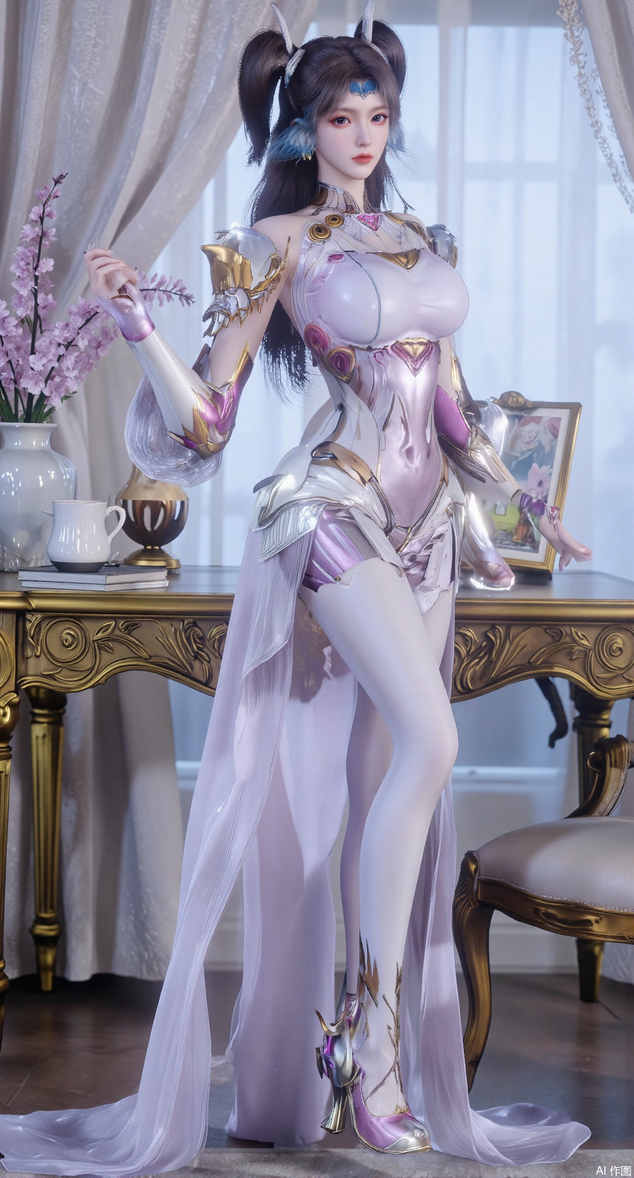 Ultra clear, wallpaper, 8k, masterpiece, 1girl, solo, long hair, breasts, looking at viewer, bangs, large breasts,long dress,, bare shoulders, jewelry, black hair, standing, purple eyes, full body, flower, thighs, indoors, hair bun, long dress, high heels, cup, see-through, book, bare legs, window, table, white footwear, standing on one leg, curtains, pink flower, side slit, vase, ,(huge breasts:2.99),(full breasts:2.99),phone screen,XanmiaoyiY,XhuolingerHHY,XwangqiuerKQW,Xxuenv,Xnanqiuqiu,Xhuangnv,XchuxuanerX,XchuxuanerXY,Xjuzi,XyunyunX,XqingnvzongZM,XanmiaoyiXY,Xqianrenxue,Xaichen,c-hd