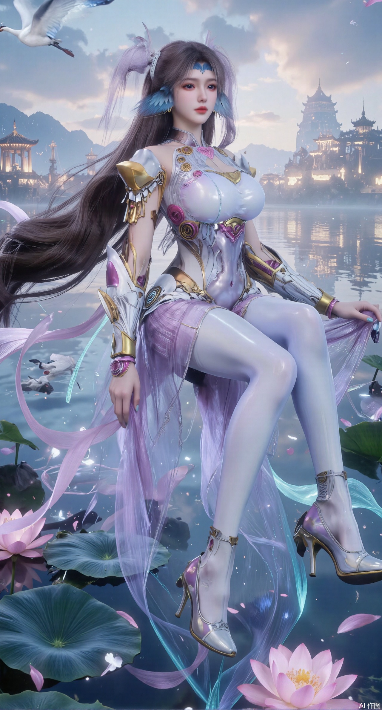 SFW,(masterpiece:1.2),best quality,1girl,solo,long hair,long dress,celestial maiden in flowing tulle gown levitates above lotus pond, ethereal mist trails from hair ribbons, mythical Penglai paradise emerges through clouds with glowing pavilions, translucent bioluminescent lotus blooms, flock of cranes gliding over water surface, ultra HD with soft 3D rendering, morning light filters through mist, falling petal rain, intricate details on scale-patterned fabric and lotus veins.(huge breasts:2.99),(full breasts:2.99),XanmiaoyiY,XhuolingerHHY,XwangqiuerKQW,Xxuenv,Xnanqiuqiu,Xhuangnv,XchuxuanerX,XchuxuanerXY,XyunyunX,XqingnvzongZM,XanmiaoyiXY,Xaichen,large natural breast,soft breasts