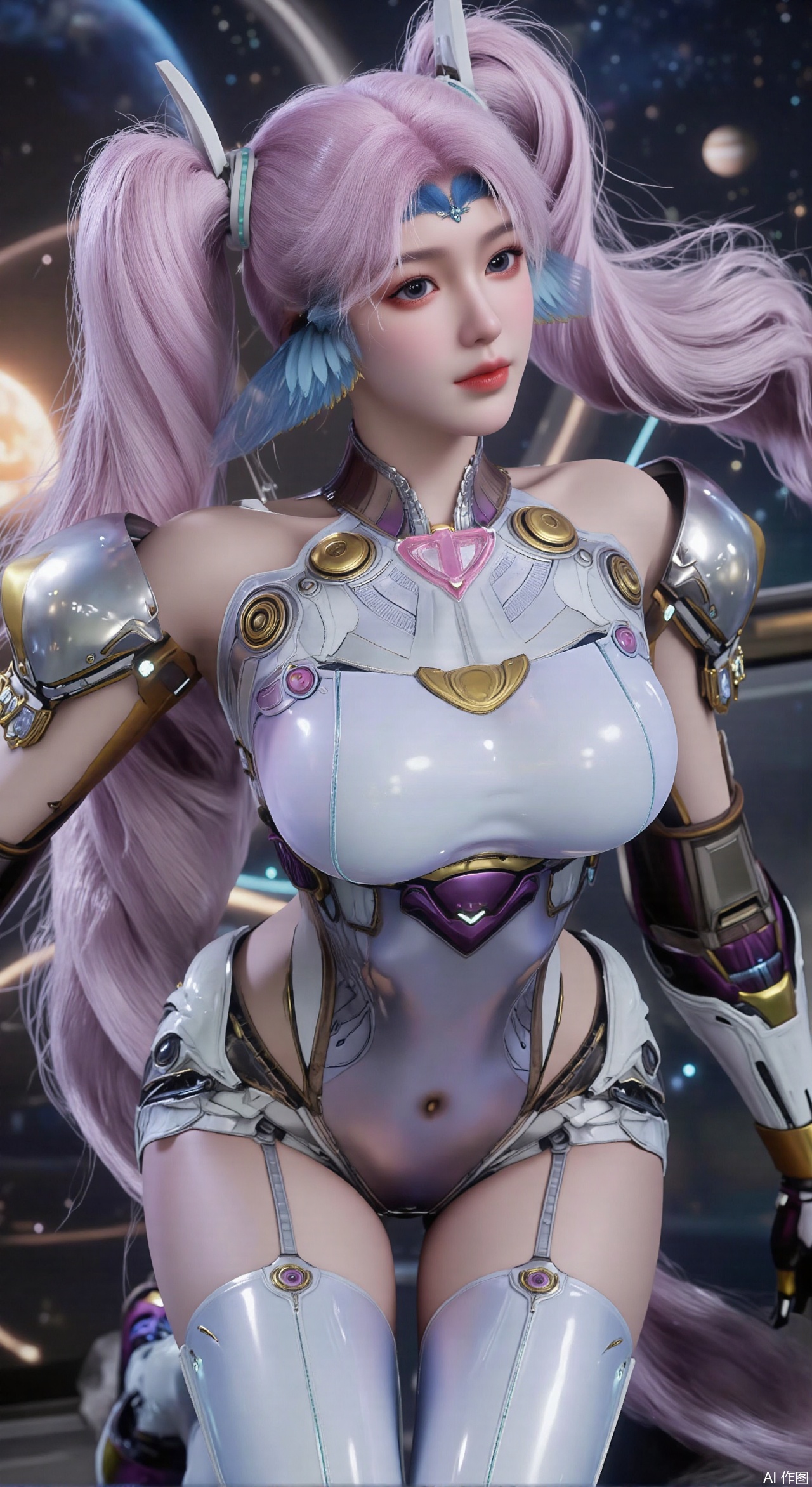 SFW,(masterpiece:1.2),best quality,absurdres,masterpiece,original,extremely detailed wallpaper,perfect lighting,1girl,solo,looking at viewer,(cowboy_shot:1.3),long hair,high heels,blurry background,depth of field,motion blur,(long dress:1.23),crystal_earrings,headpiece,hair_tie,chest_jewel,gem,necklace,jewelry,in summer,day,outdoors,nature,(Space, planetary belt, Earth, Mercury, Venus, Mars, Jupiter, Saturn, Sun in the background:1.59),(huge breasts:2.99),(full breasts:2.99),,large natural breast,soft breasts,XqingnvzongZM,XanmiaoyiXY,Xaichen