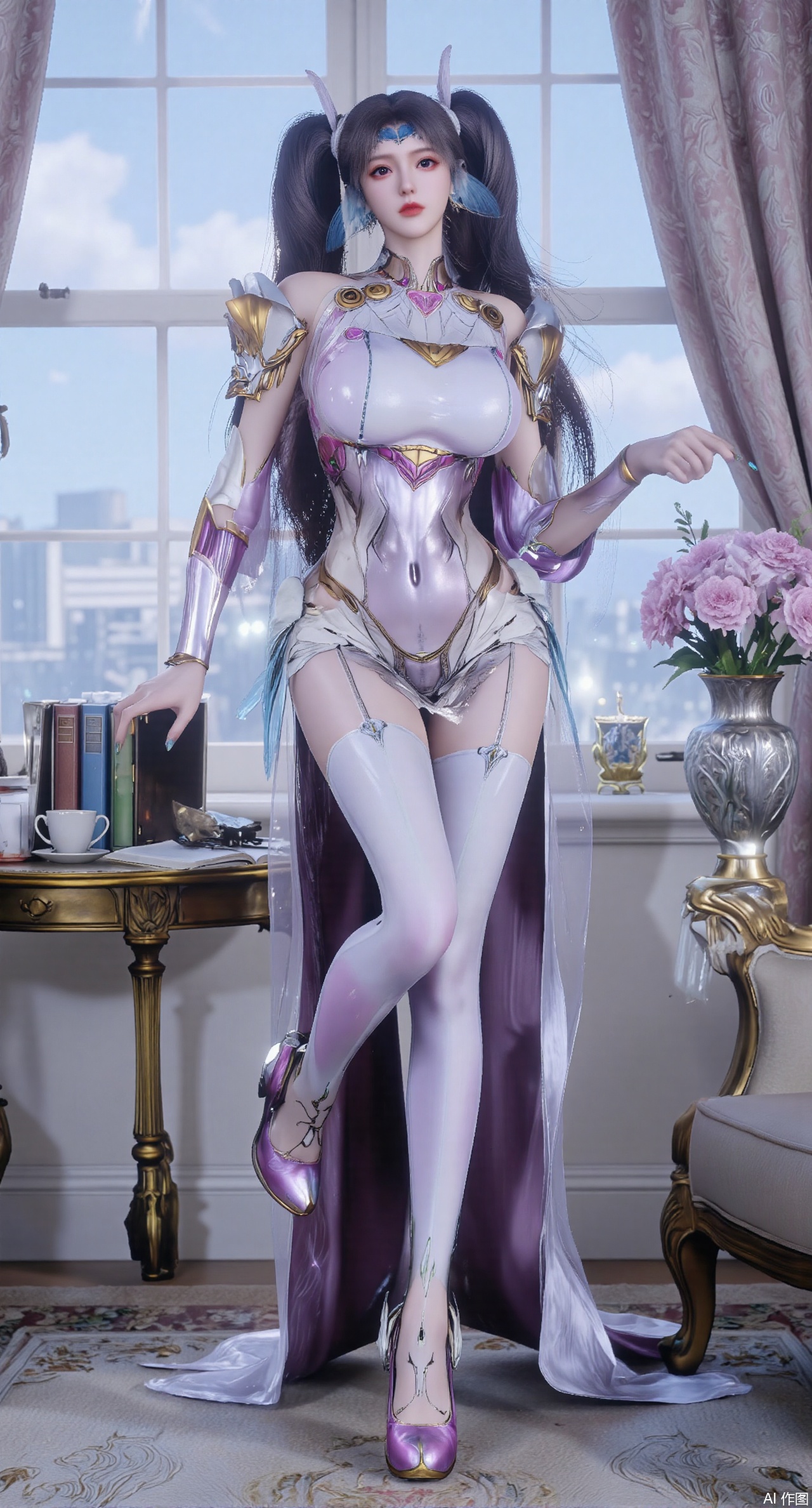 Ultra clear, wallpaper, 8k, masterpiece, 1girl, solo, long hair, breasts, looking at viewer, bangs, large breasts,long dress,, bare shoulders, jewelry, black hair, standing, purple eyes, full body, flower, thighs, indoors, hair bun, long dress, high heels, cup, see-through, book, bare legs, window, table, white footwear, standing on one leg, curtains, pink flower, side slit, vase, ,(huge breasts:2.99),(full breasts:2.99),phone screen,XanmiaoyiY,XhuolingerHHY,XwangqiuerKQW,Xxuenv,Xnanqiuqiu,Xhuangnv,XchuxuanerX,XchuxuanerXY,Xjuzi,XyunyunX,XqingnvzongZM,XanmiaoyiXY,Xqianrenxue,Xaichen,c-hd