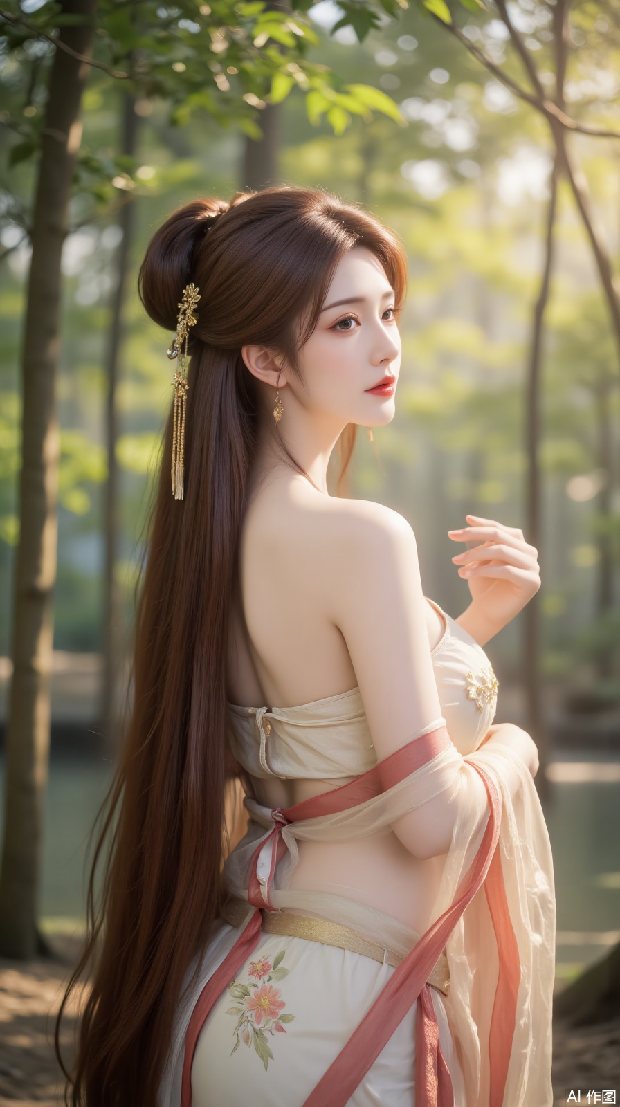 A girl, solo, long hair, honey - colored long hair, Hanfu, hair adornments, gold hairpin, floral - printed Hanfu, grace, bamboo forest wonderland, fancy, vapor, surrealism, Solid color background, green gradient background,plum blossoms