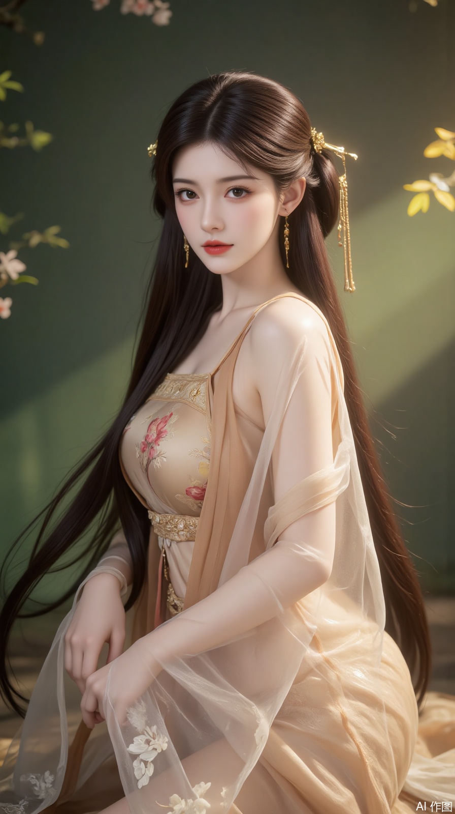A girl, solo, long hair, honey - colored long hair, Hanfu, hair adornments, gold hairpin, floral - printed Hanfu, grace, bamboo forest wonderland, fancy, vapor, surrealism, Solid color background, green gradient background,plum blossoms