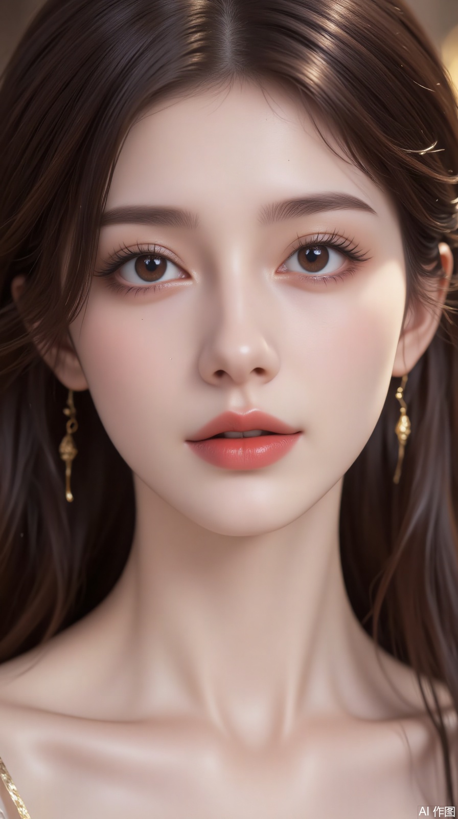 
Her face is exquisitely beautiful, her skin as smooth as fine porcelain, her eyes as deep and starry as the cosmos, exuding a sense of mystery and allure. Her makeup is flawless, her lips a soft pink, her mouth slightly curved with an enigmatic smile, radiating an irresistible charm. A soft halo of light surrounds her face, as if ethereal energy flows across her features.