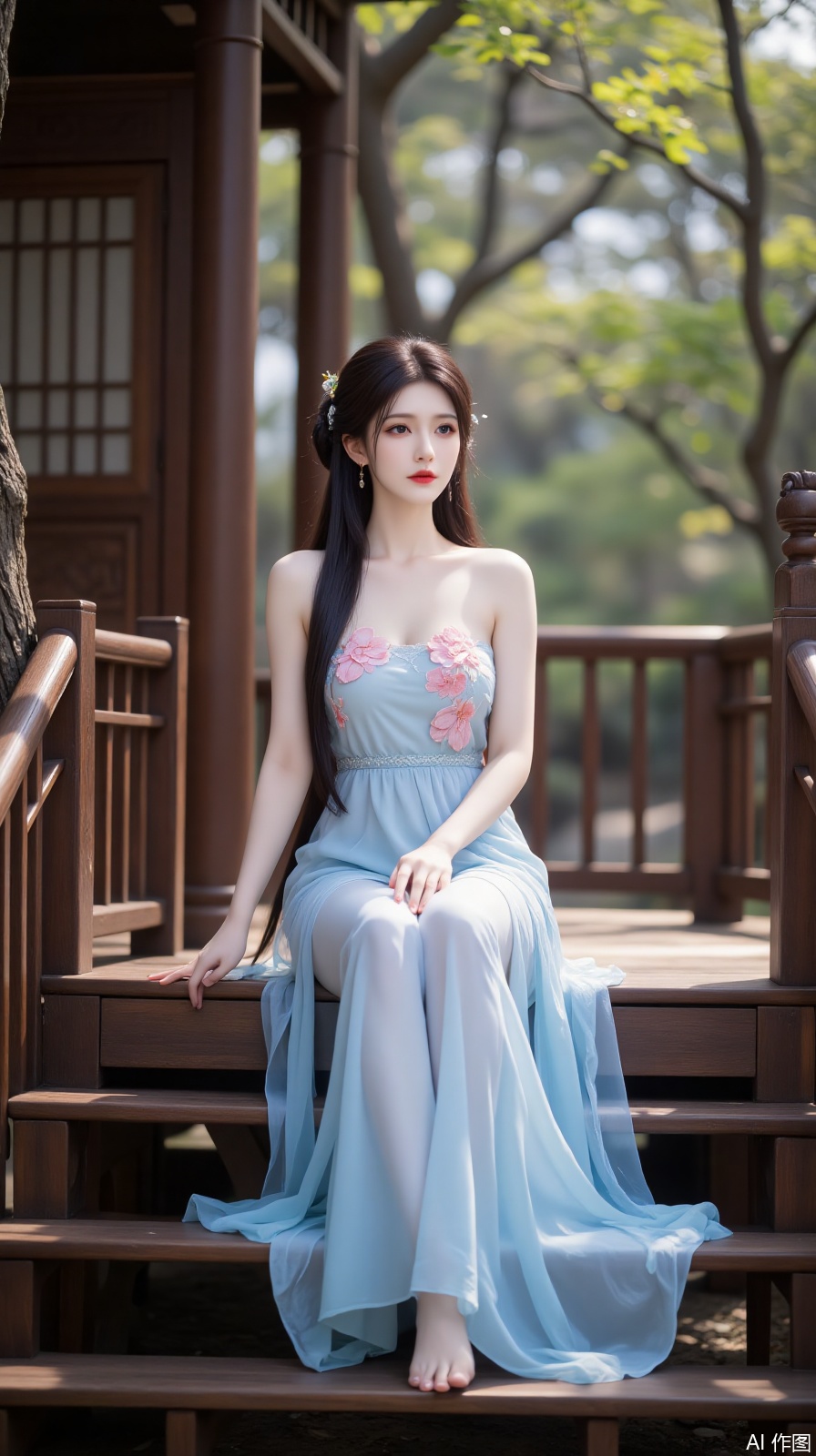 The image is a portrait of a young woman wearing a traditional Chinese Hanfu dress. She is sitting on a wooden staircase with a tree on the left side and a wooden railing on the right side. The woman is wearing a long, flowing blue dress with pink flowers on the bodice and skirt. She has long black hair tied up in a bun and is looking off to the side with a serious expression on her face. The background is blurred, but it appears to be a wooded area with trees and foliage. The overall mood of the image is peaceful and serene.