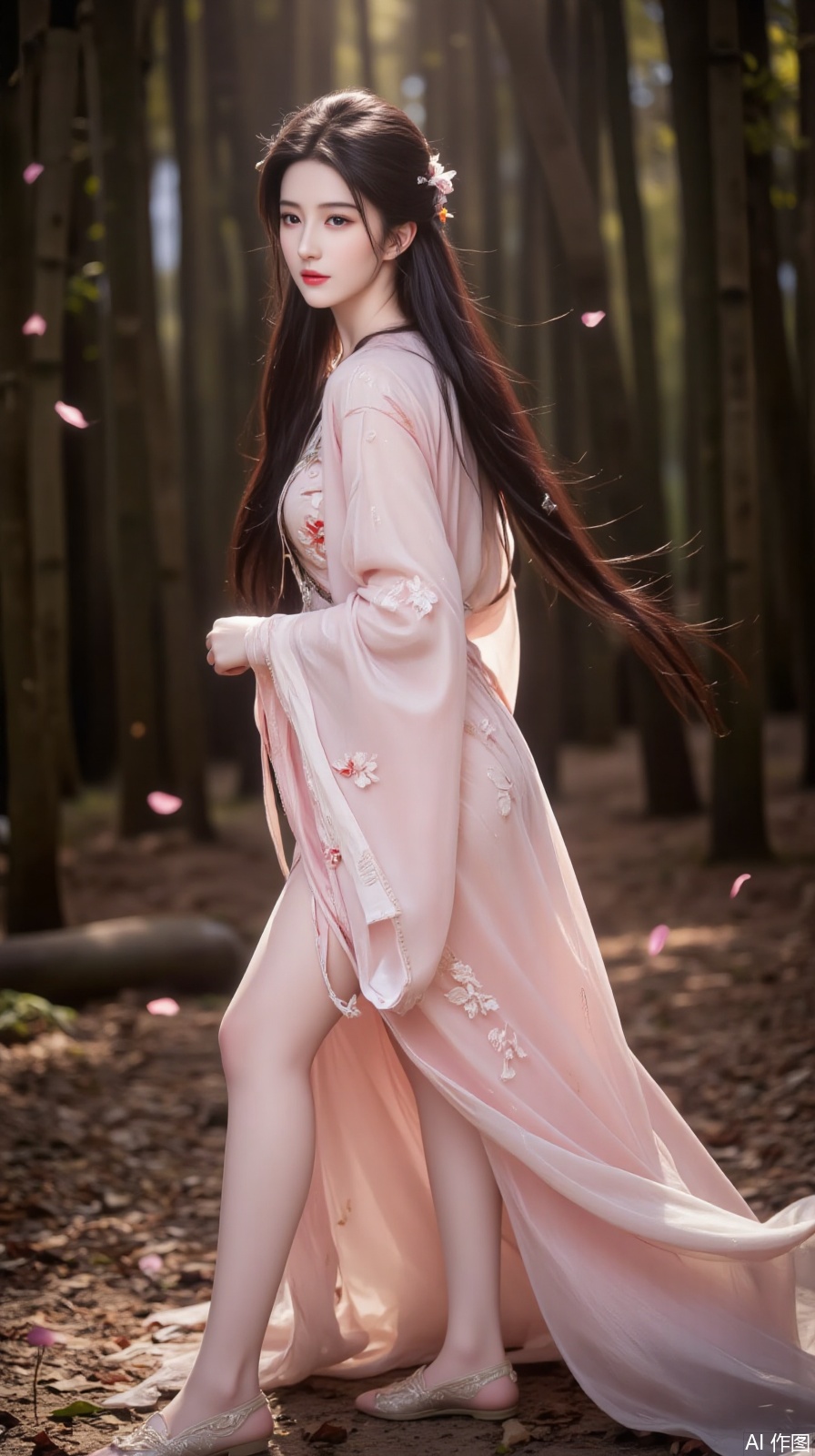 In the depths of a tranquil bamboo forest, a graceful maiden stands elegantly at the center of the scene in a side pose. Her long hair cascades like ink, adorned with tiny pink petals, as if merging with nature. She wears a pink Hanfu, featuring exquisite embroidery, adorned with bamboo leaves and plum blossom patterns, showcasing a rich sense of Chinese traditional style. The long dress flows gently with her movements, as if the gentle breeze brushes past, bringing a touch of freshness. Beneath the short skirt, she wears embroidered shoes, the surface adorned with intricate bamboo knot patterns, adding an aura of classical elegance to her ensemble.

Her face is exquisitely beautiful, her skin as smooth as fine porcelain, her eyes as clear as autumn waters, exuding a sense of gentleness and serenity. Her makeup is flawless, her lips as pink as cherry blossoms, her mouth slightly curved with an enigmatic smile, radiating an irresistible charm. A halo of pink petals surrounds her face, as if the petals of spring flow across her features.

In the side pose, her body curves are accentuated, with the pink Hanfu and embroidered shoes perfectly complementing each other, showcasing a soft and dreamy beauty. Her demeanor is poised and natural, as if merging with the bamboo forest, radiating a tranquil and serene atmosphere.