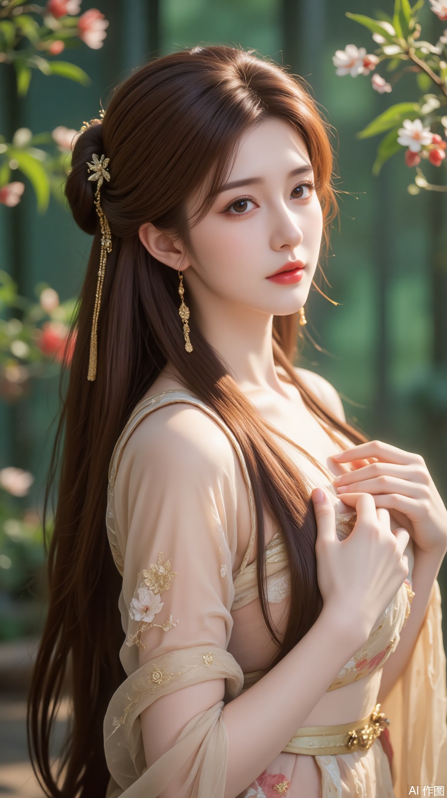 A girl, solo, long hair, honey - colored long hair, Hanfu, hair adornments, gold hairpin, floral - printed Hanfu, grace, bamboo forest wonderland, fancy, vapor, surrealism, Solid color background, green gradient background,plum blossoms