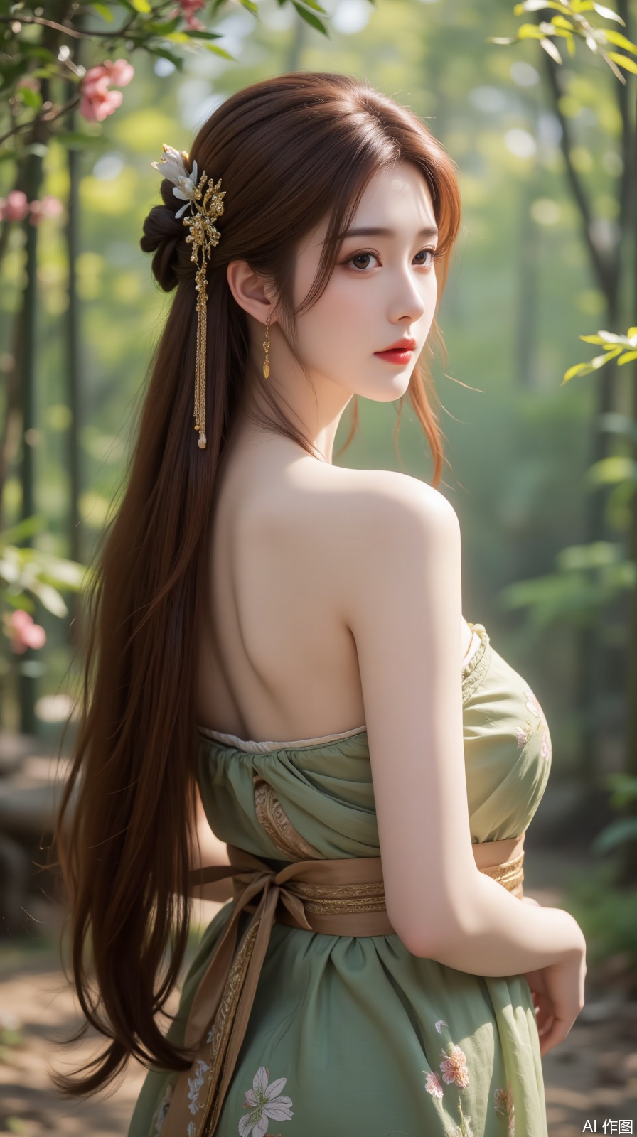 A girl, solo, long hair, honey - colored long hair, Hanfu, hair adornments, gold hairpin, floral - printed Hanfu, grace, bamboo forest wonderland, fancy, vapor, surrealism, Solid color background, green gradient background,plum blossoms