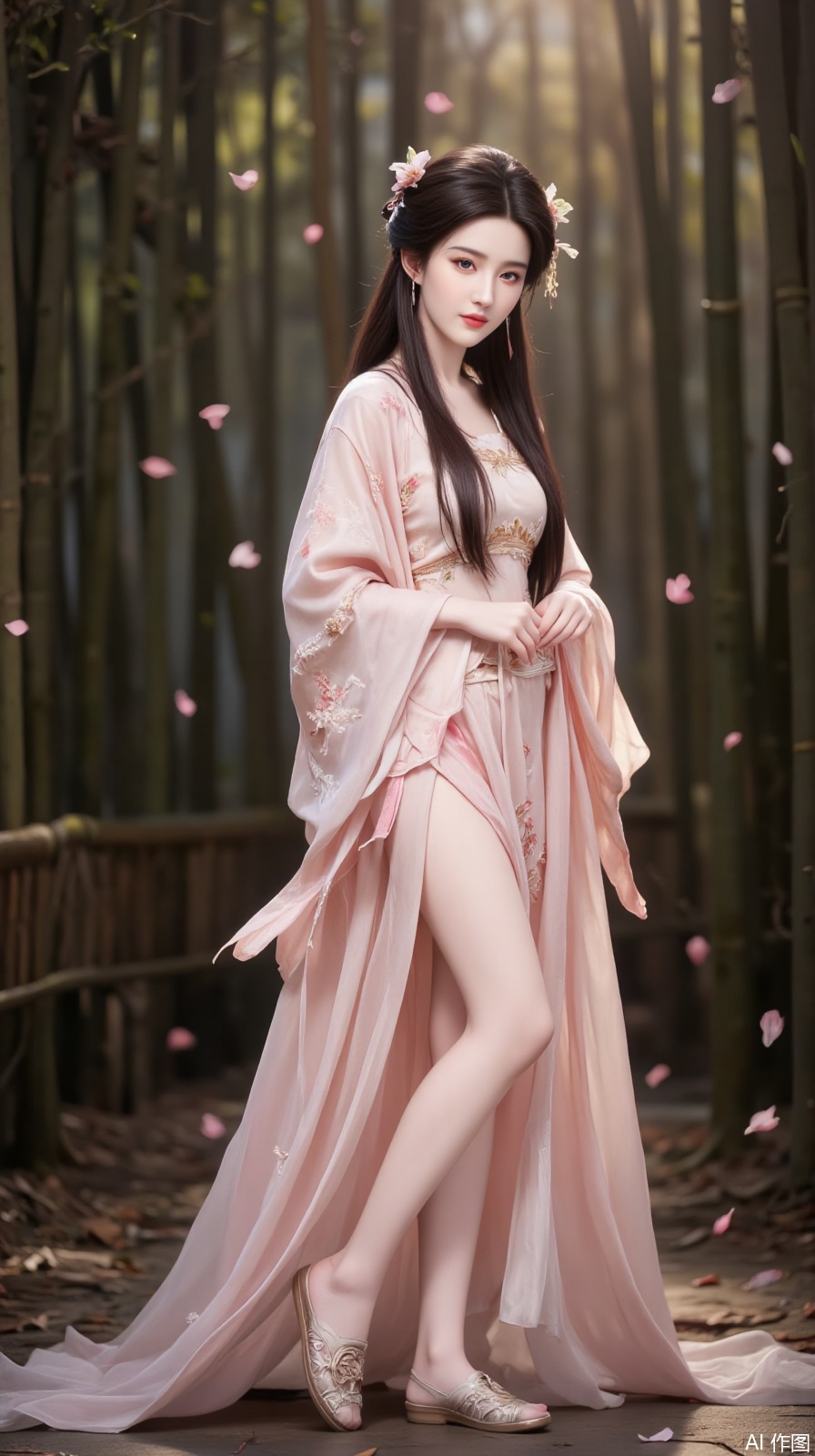 In the depths of a tranquil bamboo forest, a graceful maiden stands elegantly at the center of the scene in a side pose. Her long hair cascades like ink, adorned with tiny pink petals, as if merging with nature. She wears a pink Hanfu, featuring exquisite embroidery, adorned with bamboo leaves and plum blossom patterns, showcasing a rich sense of Chinese traditional style. The long dress flows gently with her movements, as if the gentle breeze brushes past, bringing a touch of freshness. Beneath the short skirt, she wears embroidered shoes, the surface adorned with intricate bamboo knot patterns, adding an aura of classical elegance to her ensemble.

Her face is exquisitely beautiful, her skin as smooth as fine porcelain, her eyes as clear as autumn waters, exuding a sense of gentleness and serenity. Her makeup is flawless, her lips as pink as cherry blossoms, her mouth slightly curved with an enigmatic smile, radiating an irresistible charm. A halo of pink petals surrounds her face, as if the petals of spring flow across her features.

In the side pose, her body curves are accentuated, with the pink Hanfu and embroidered shoes perfectly complementing each other, showcasing a soft and dreamy beauty. Her demeanor is poised and natural, as if merging with the bamboo forest, radiating a tranquil and serene atmosphere.