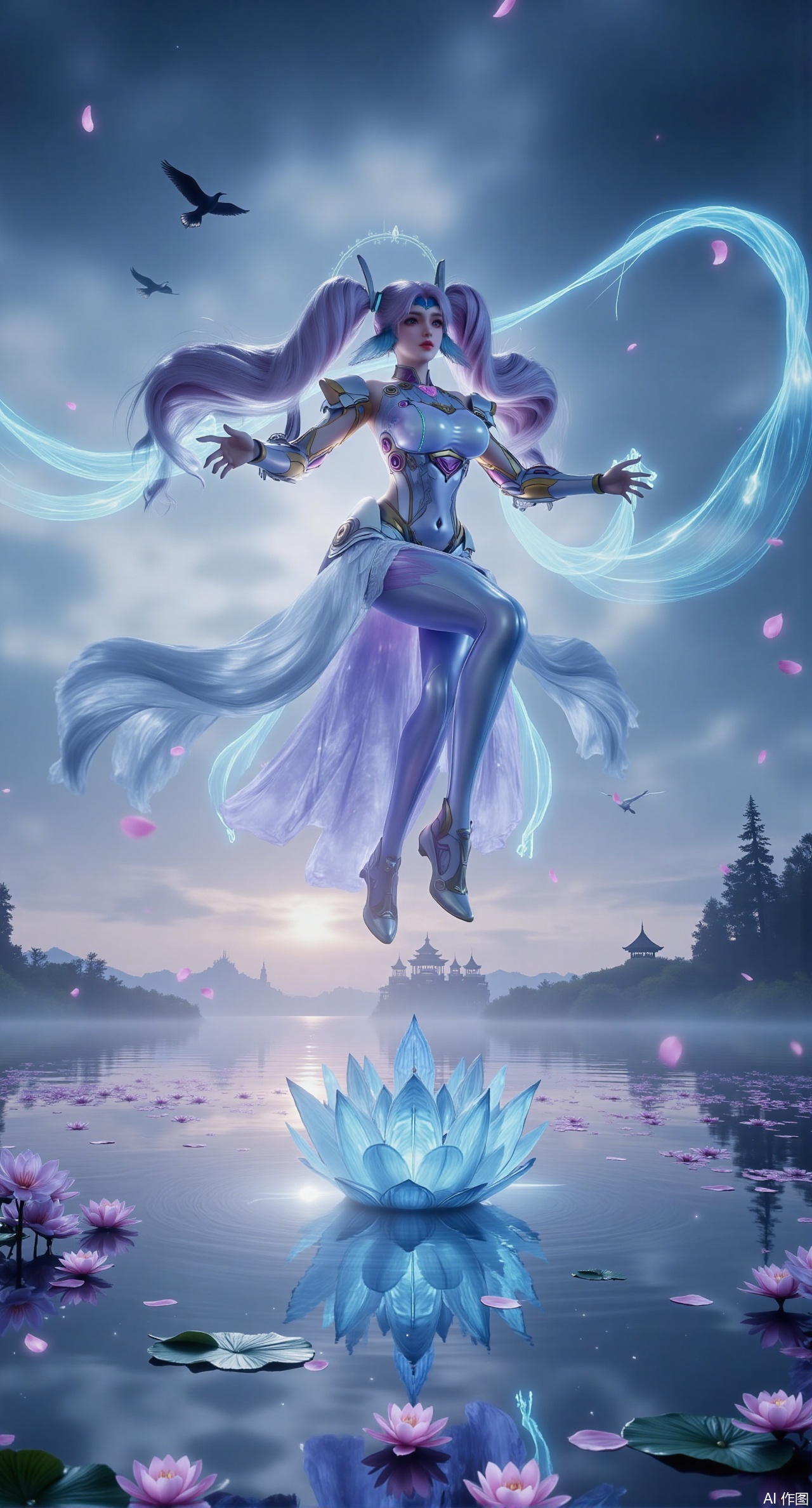  SFW,(masterpiece:1.2),best quality,1girl,solo,long hair,long dress,celestial maiden in flowing tulle gown levitates above lotus pond, ethereal mist trails from hair ribbons, mythical Penglai paradise emerges through clouds with glowing pavilions, translucent bioluminescent lotus blooms, flock of cranes gliding over water surface, ultra HD with soft 3D rendering, morning light filters through mist, falling petal rain, intricate details on scale-patterned fabric and lotus veins.(huge breasts:2.99),(full breasts:2.99),Xzhihua,Xsiyouyou,Xyanruyu,Xmoxiaonan,Xyeqingxian,Xyunwangshu,XlishaoyinY,Xxiaowu,Xyusanniang,XhuolingerHHY,Xwangqiuer,Xxuenv,XfuquY,XanmiaoyiXY,XyunyunX,Xhuangnv,Xaichen