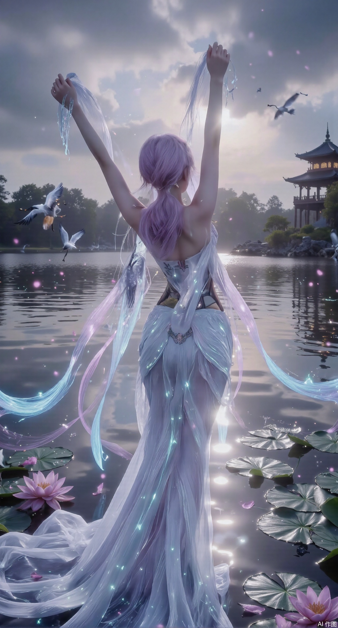  SFW,(masterpiece:1.2),best quality,1girl,solo,long hair,long dress,celestial maiden in flowing tulle gown levitates above lotus pond, ethereal mist trails from hair ribbons, mythical Penglai paradise emerges through clouds with glowing pavilions, translucent bioluminescent lotus blooms, flock of cranes gliding over water surface, ultra HD with soft 3D rendering, morning light filters through mist, falling petal rain, intricate details on scale-patterned fabric and lotus veins.(huge breasts:2.99),(full breasts:2.99),Xzhihua,Xsiyouyou,Xyanruyu,Xmoxiaonan,Xyeqingxian,Xyunwangshu,XlishaoyinY,Xxiaowu,Xyusanniang,XhuolingerHHY,Xwangqiuer,Xxuenv,XfuquY,XanmiaoyiXY,XyunyunX,Xhuangnv,Xaichen