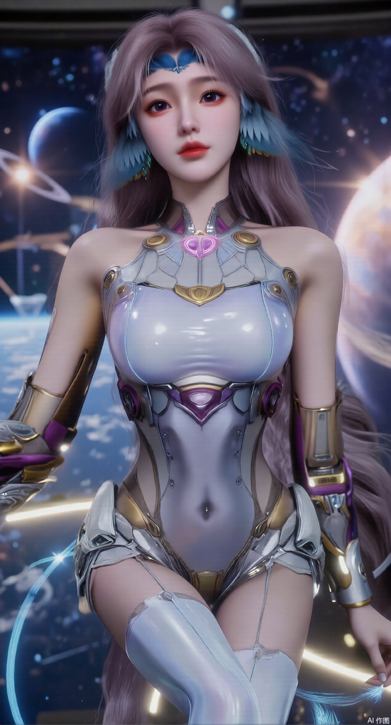 SFW,(masterpiece:1.2),best quality,absurdres,masterpiece,original,extremely detailed wallpaper,perfect lighting,1girl,solo,looking at viewer,(cowboy_shot:1.3),long hair,high heels,blurry background,depth of field,motion blur,(long dress:1.23),crystal_earrings,headpiece,hair_tie,chest_jewel,gem,necklace,jewelry,in summer,day,outdoors,nature,(Space, planetary belt, Earth, Mercury, Venus, Mars, Jupiter, Saturn, Sun in the background:1.59),(huge breasts:2.99),(full breasts:2.99),,large natural breast,soft breasts,XqingnvzongZM,XanmiaoyiXY,Xaichen,XyunyunX,Xhuangnv